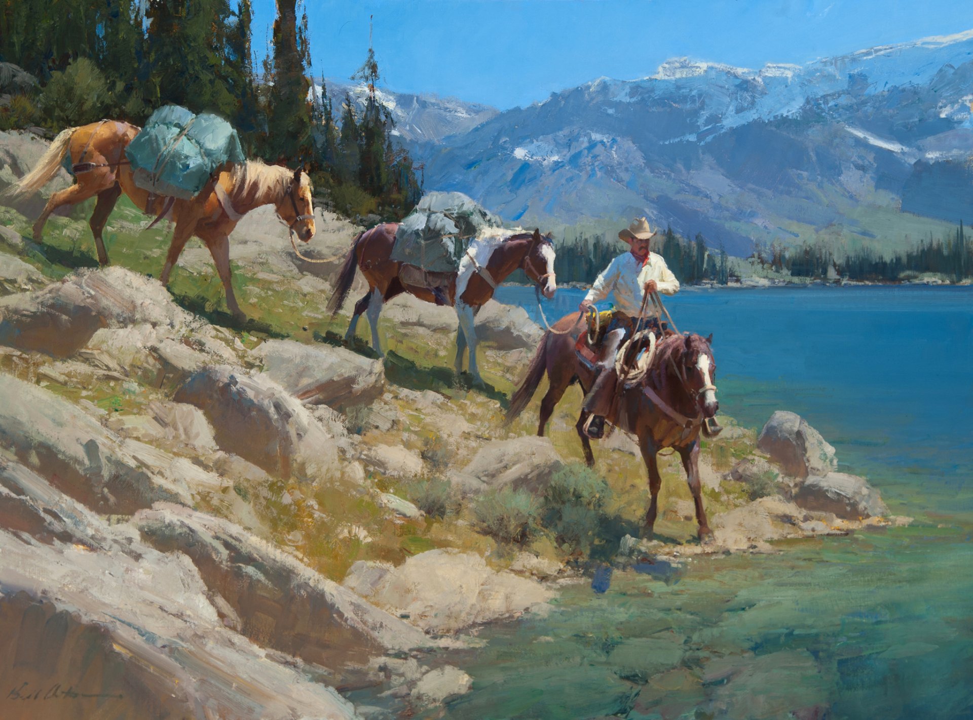 anton bill landscape sky mountain tree lake horse cowboy