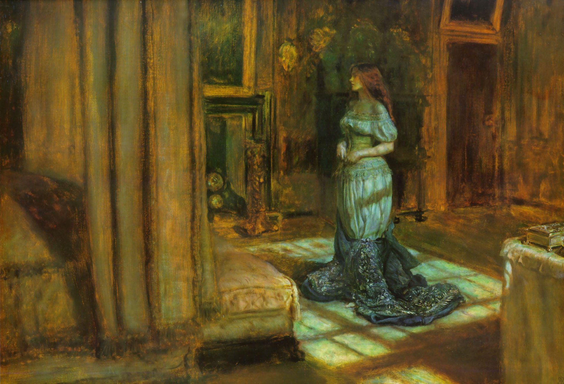 pintura john everett millet víspera de santa inés habitación noche oscuridad chica pelirroja falda corsé cama dosel chimenea puerta ataúd