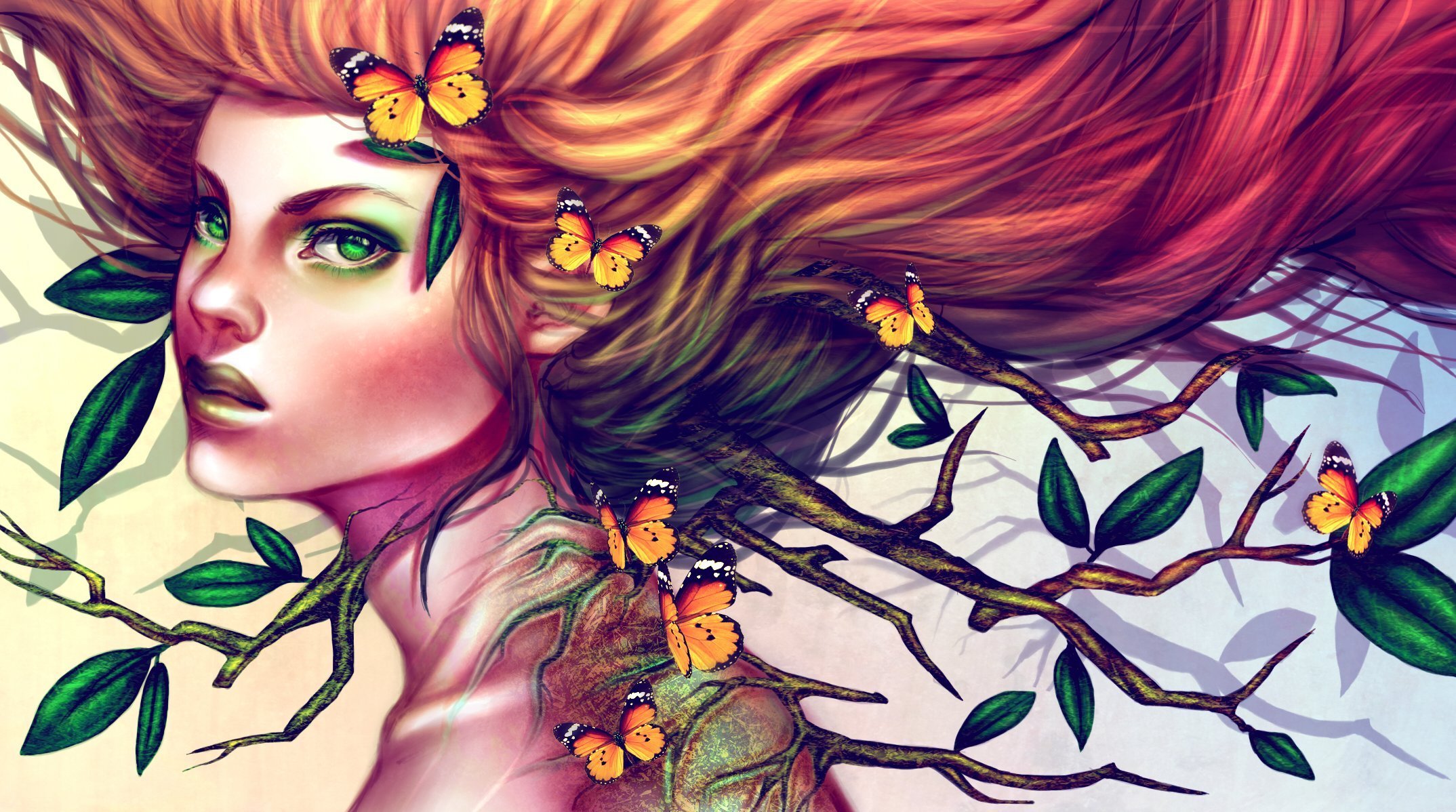 art fille vue yeux verts rousse cheveux branches feuilles papillons