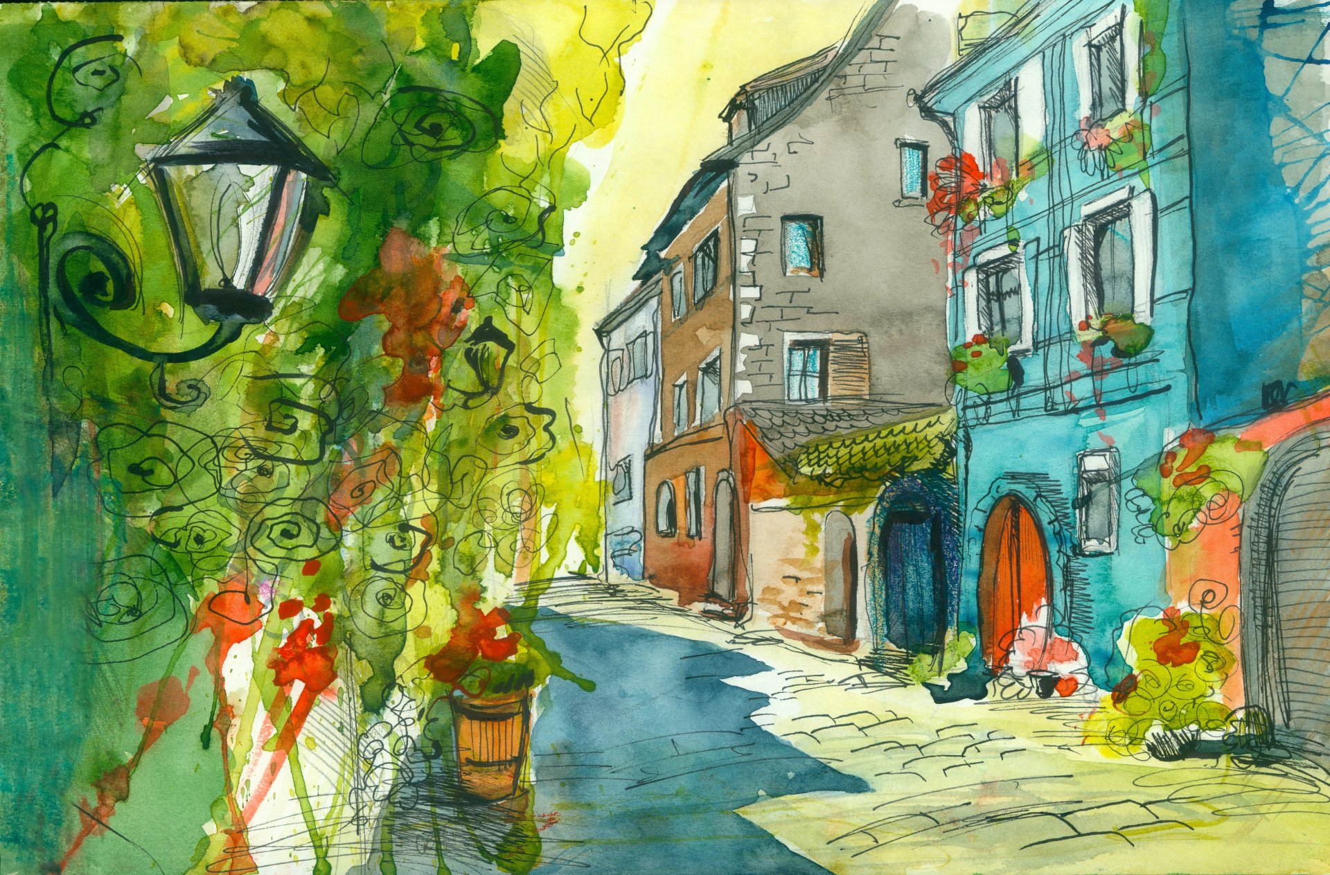 aquarelle rue maison lanterne fleurs