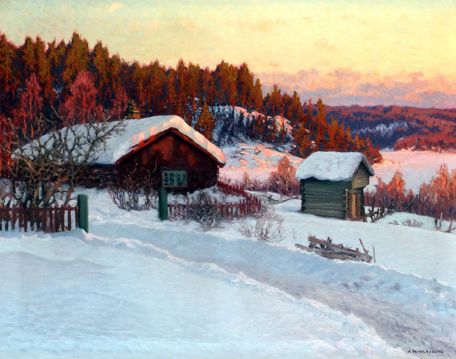 peinture paysage anshelm schulzberg hiver village maison cabane neige congères forêt collines arbres clôture aube