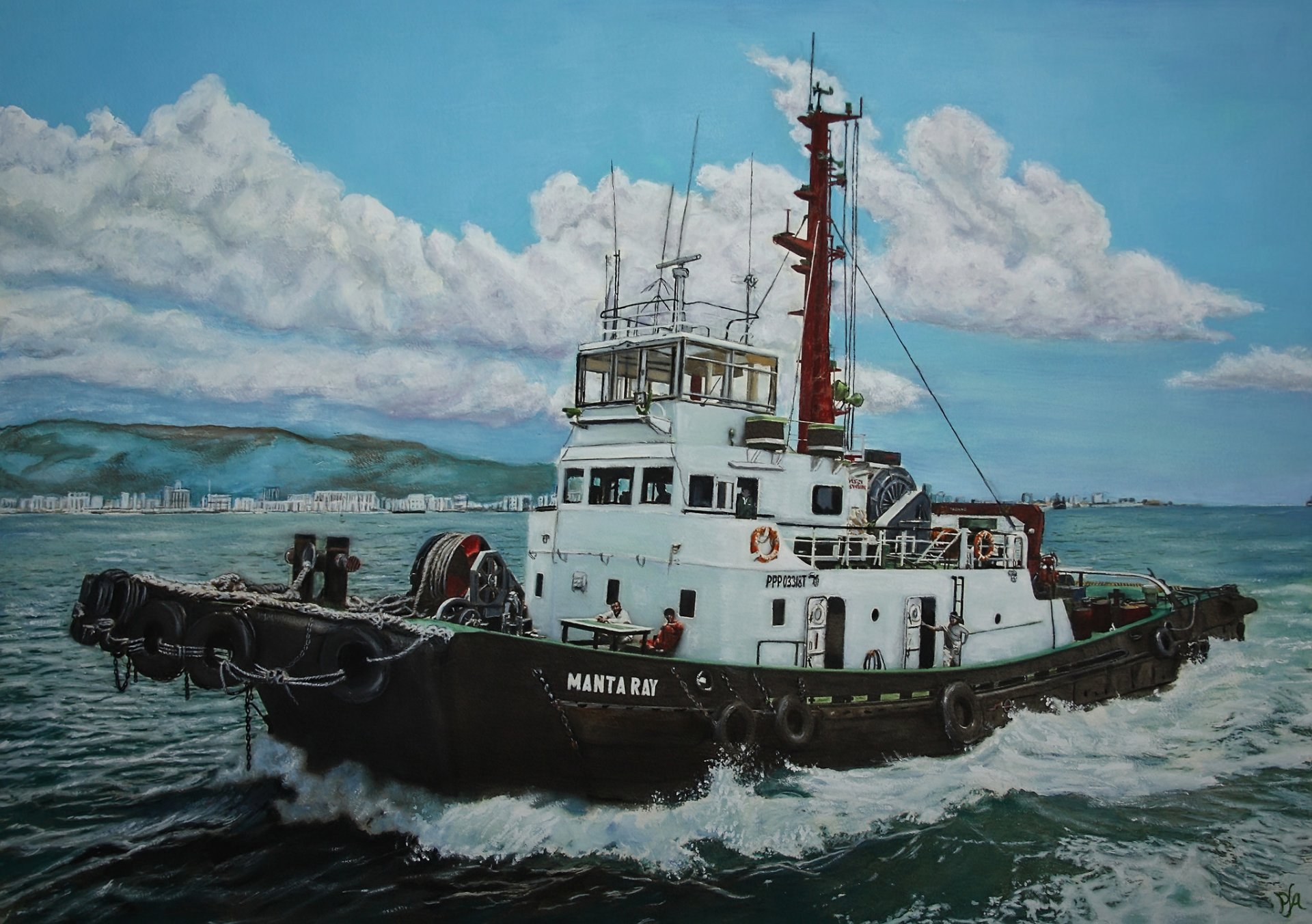 manta ray fishing vessel sky sea painting