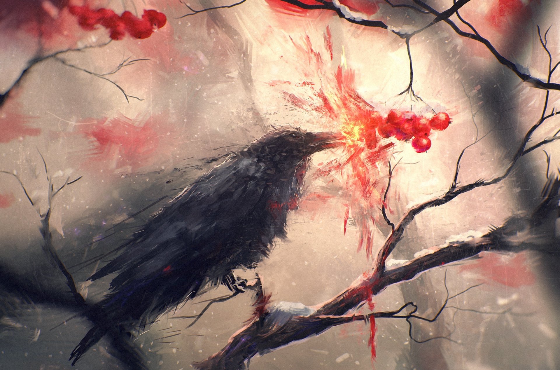 branch raven bird art rowan crow