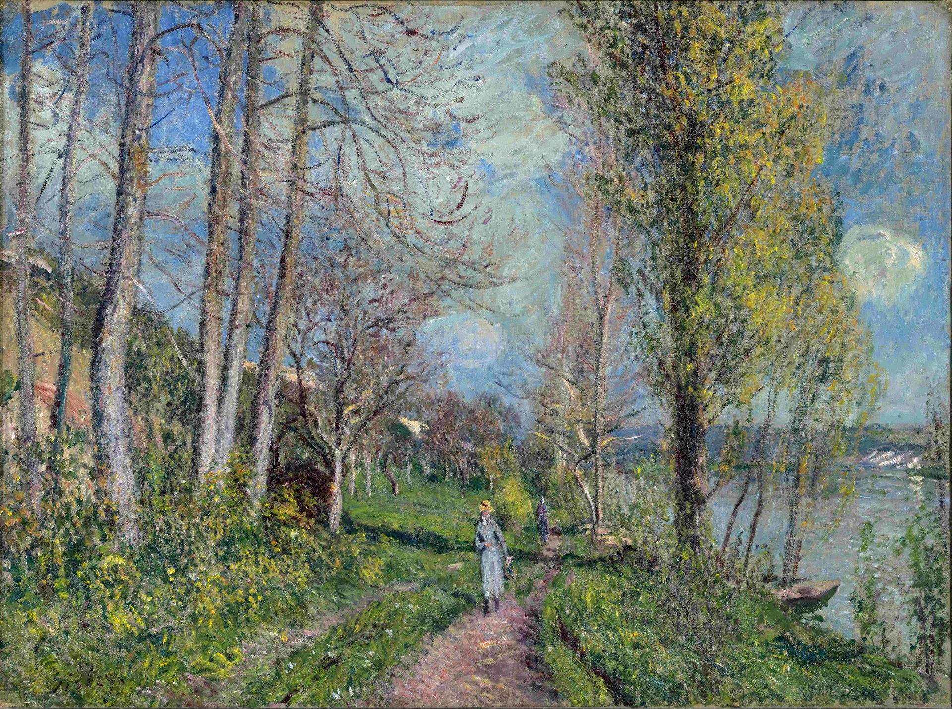 alfred sisley fußweg mädchen spaziergang fluss heu bäume himmel wolken bild