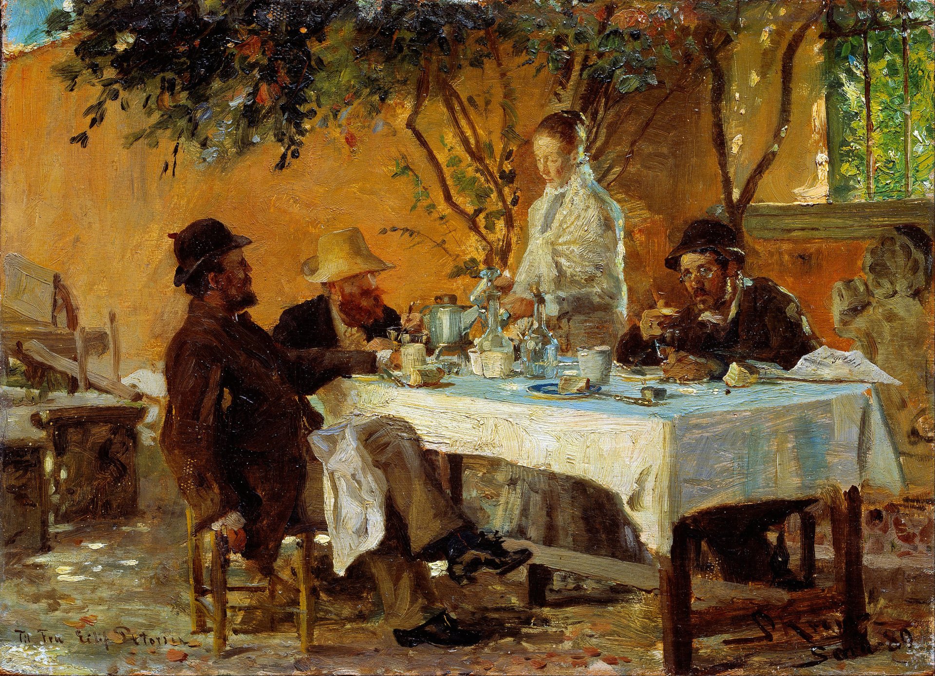 peder severin krøyer peinture petit déjeuner genre cour table