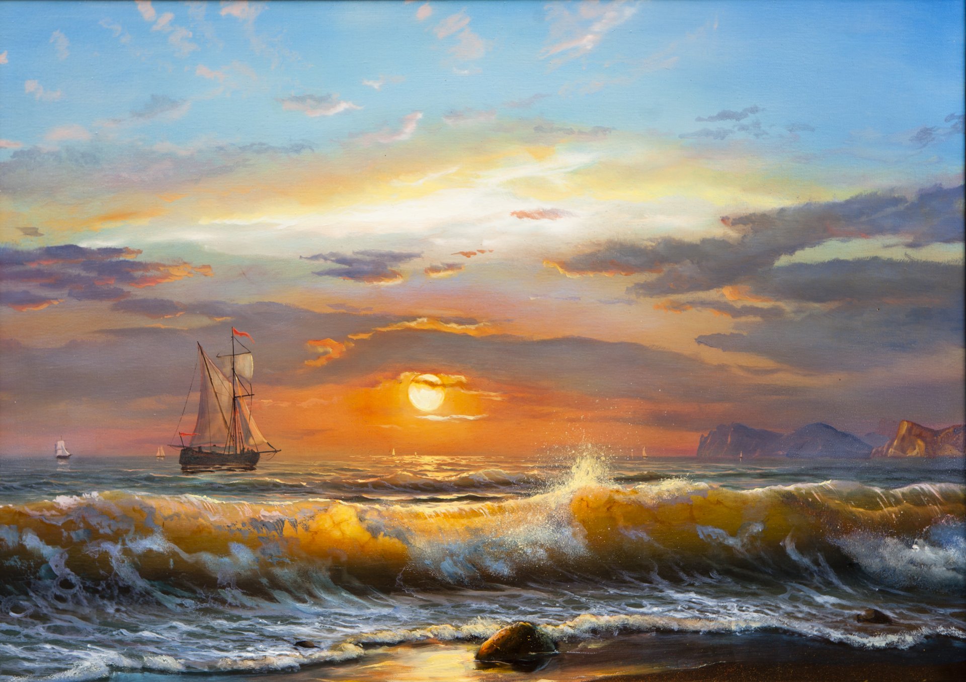 pintura al óleo velero mar olas puesta de sol paisaje cielo nubes pintura al óleo luz del sol