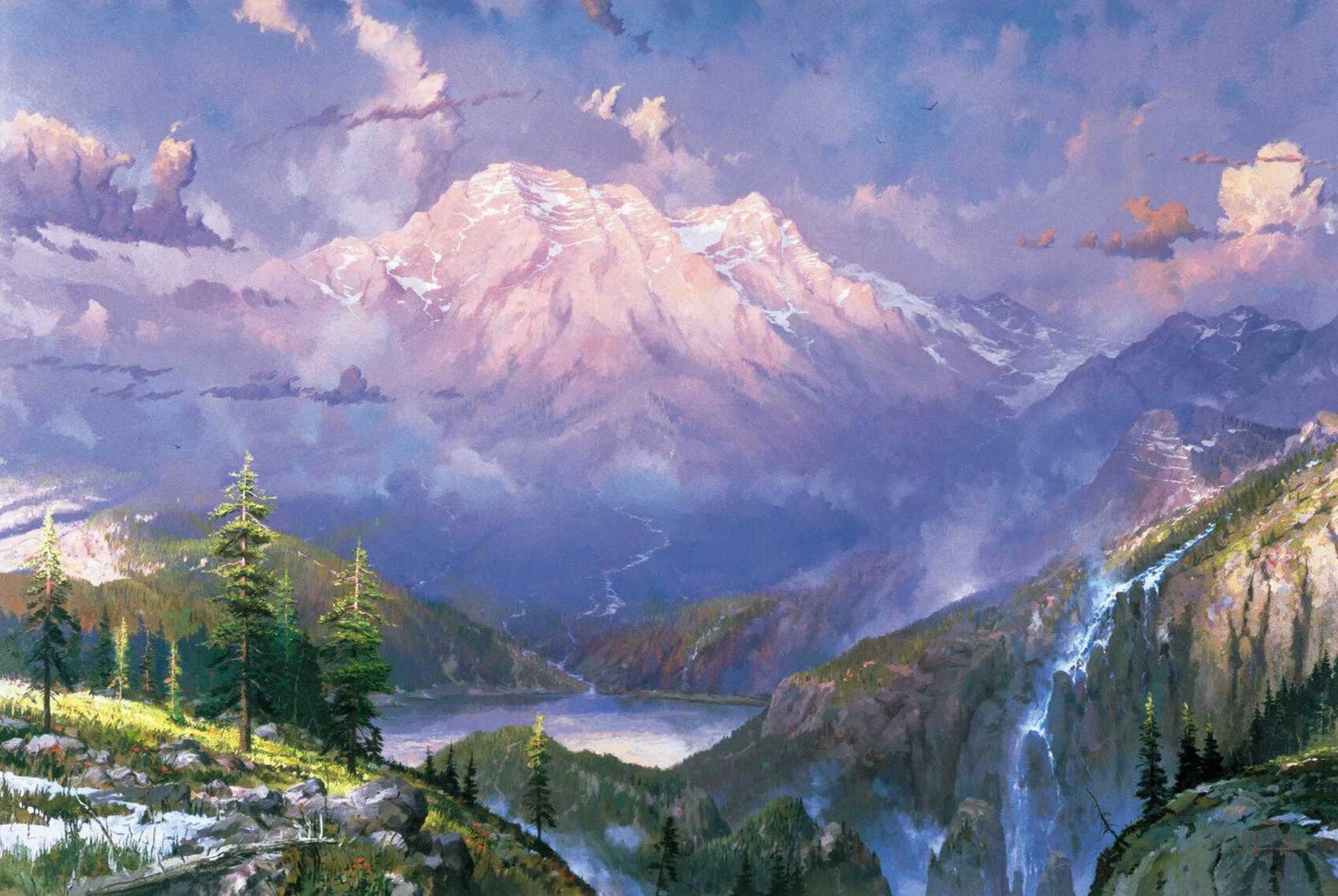 twilight vista thomas kinkade painting nature mountain lake waterfall snow twilight landscape