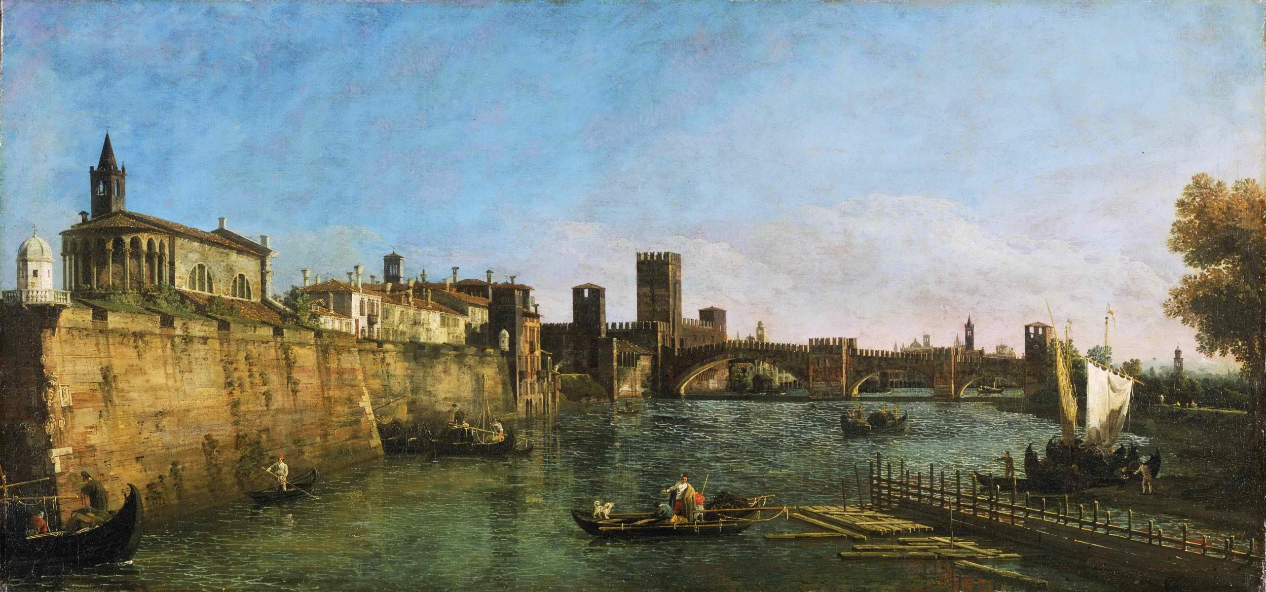 bernardo bellotto gemälde italien stadt verona himmel meer brücke fluss wand promenade turm häuser boot menschen