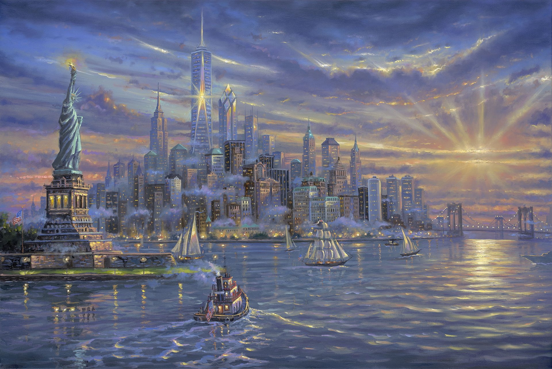 robert finale torre della libertà new york arte statua della libertà edifici sera tramonto cielo nuvole mare baia yacht barche a vela navi