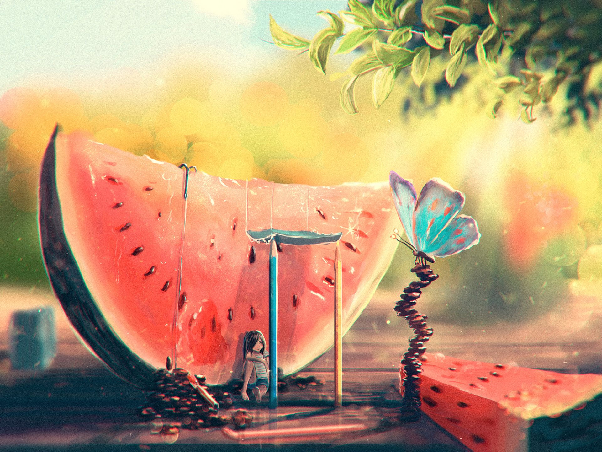 ummer watermelon girl butterfly art heat