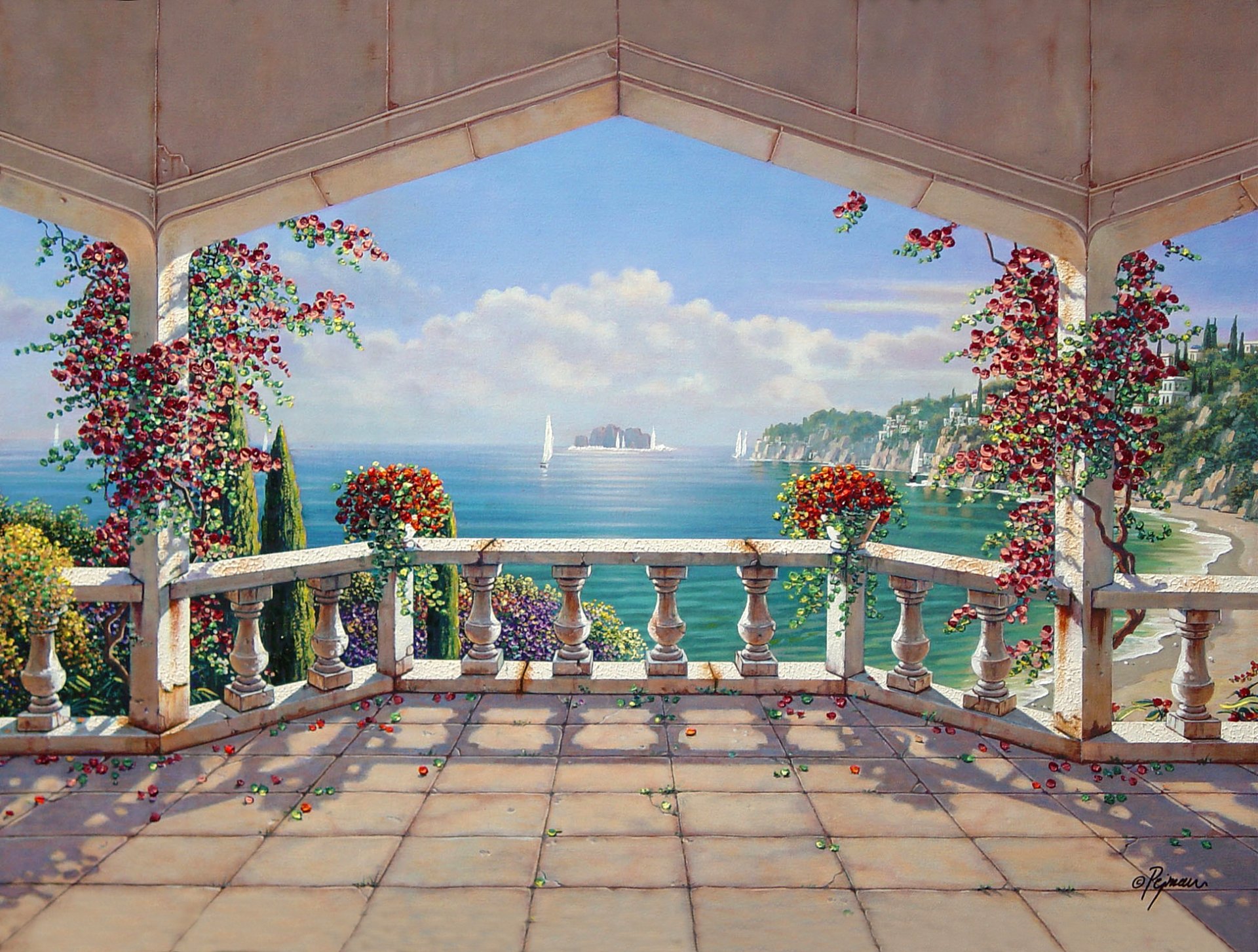 kunst malerei malerei harmonie sommer santorini villa santorini villa italien landschaft natur künstler bob pejman bob peyman