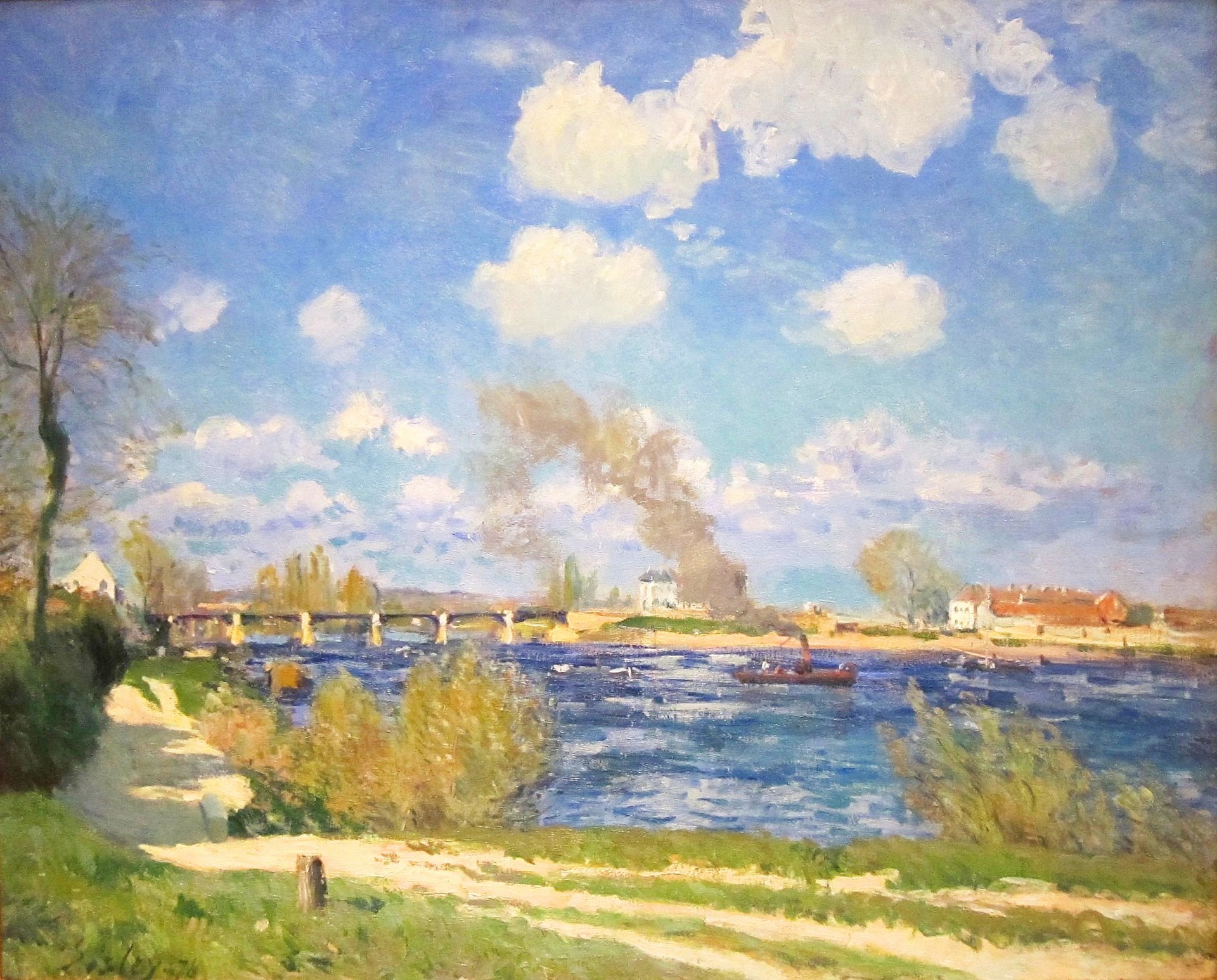 alfred sisley river bridge boat spring sky clouds pattern