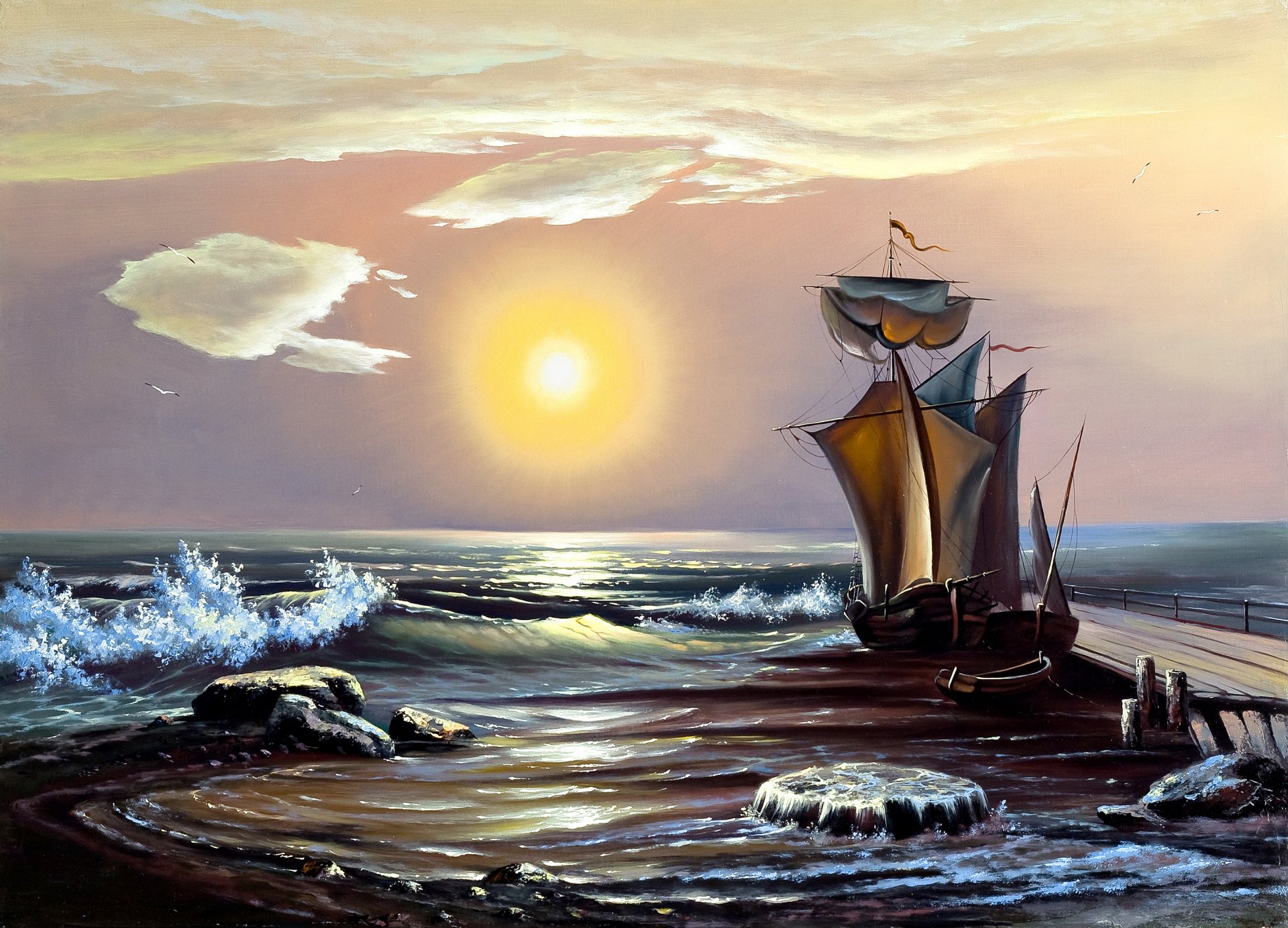 painting ship boat sea waves sky sun