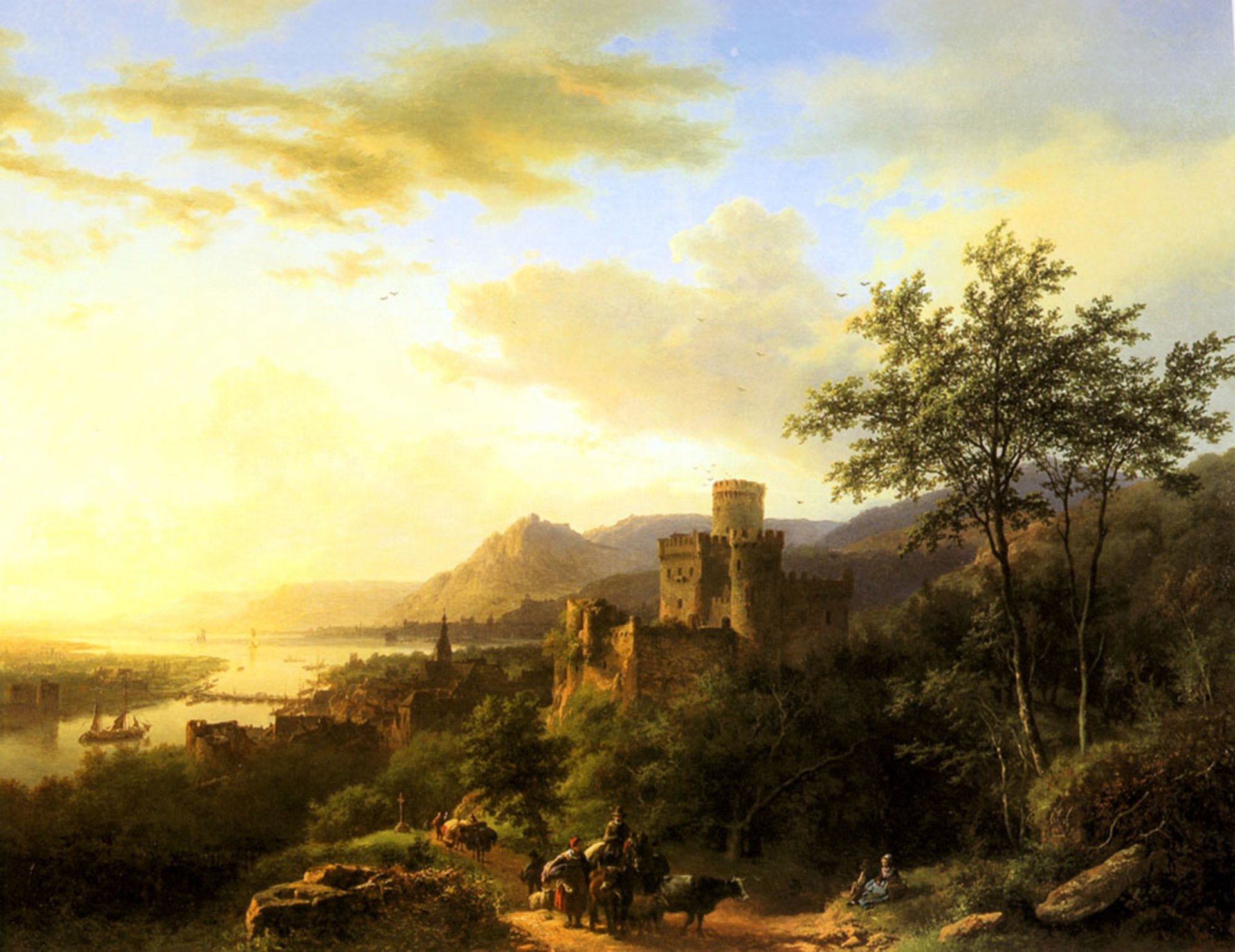 kukkuk barend cornelis viajeros río castillo barco cielo nubes puesta de sol pintura