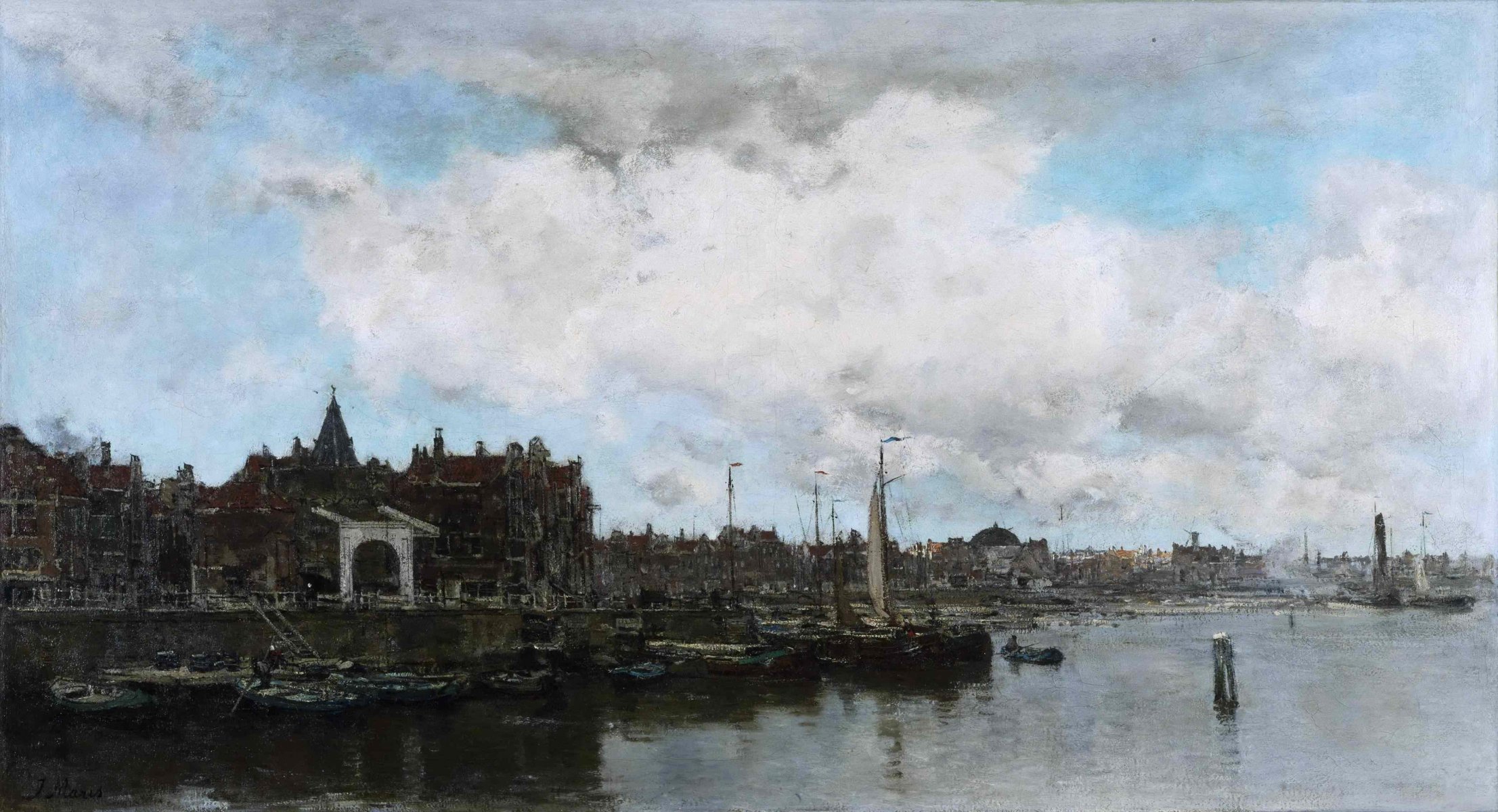 jacob hendricus maris pattern landscape sky clouds river sea town boat sail embankment house the port