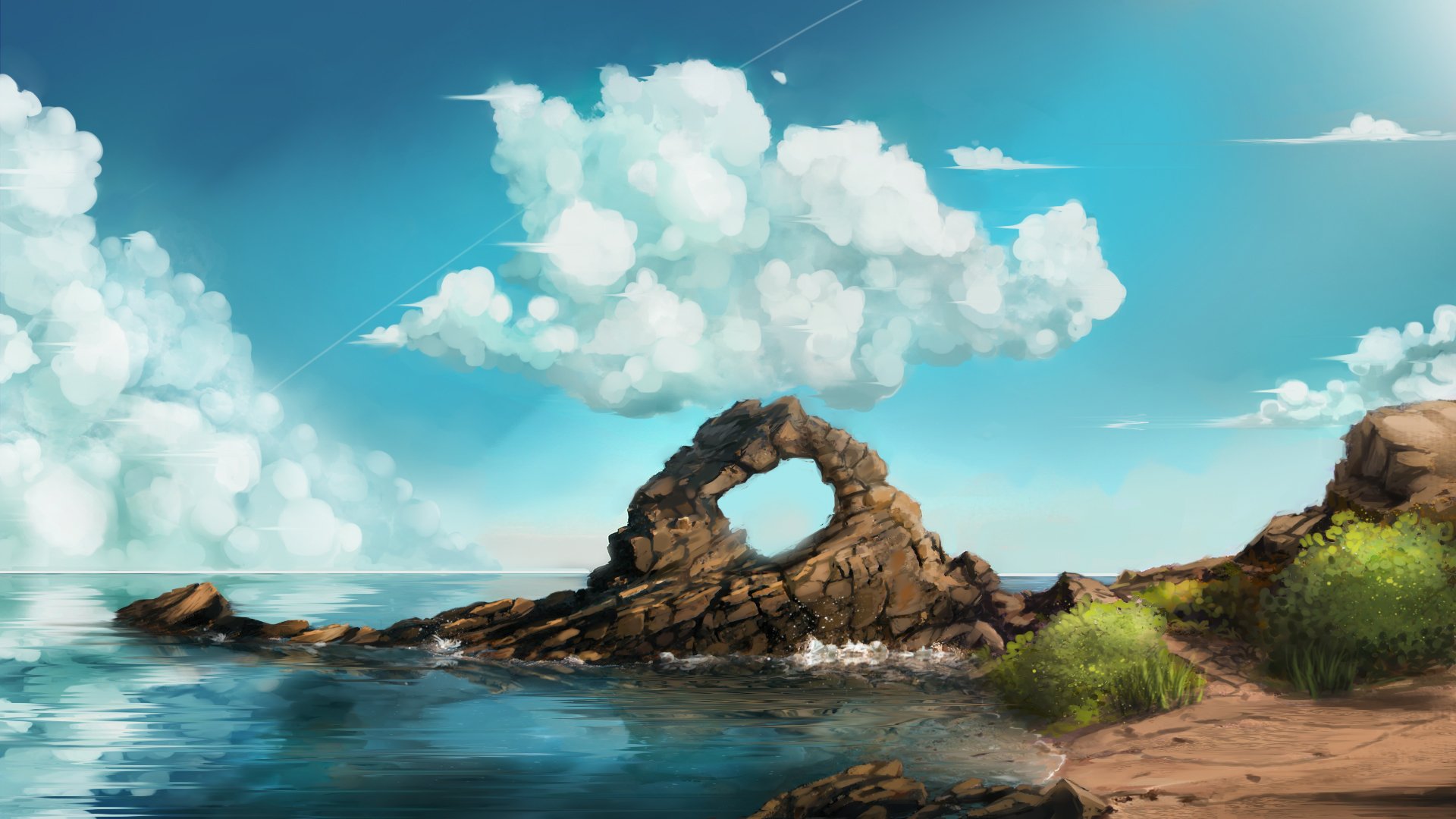 art sea beach rock arch sky cloud