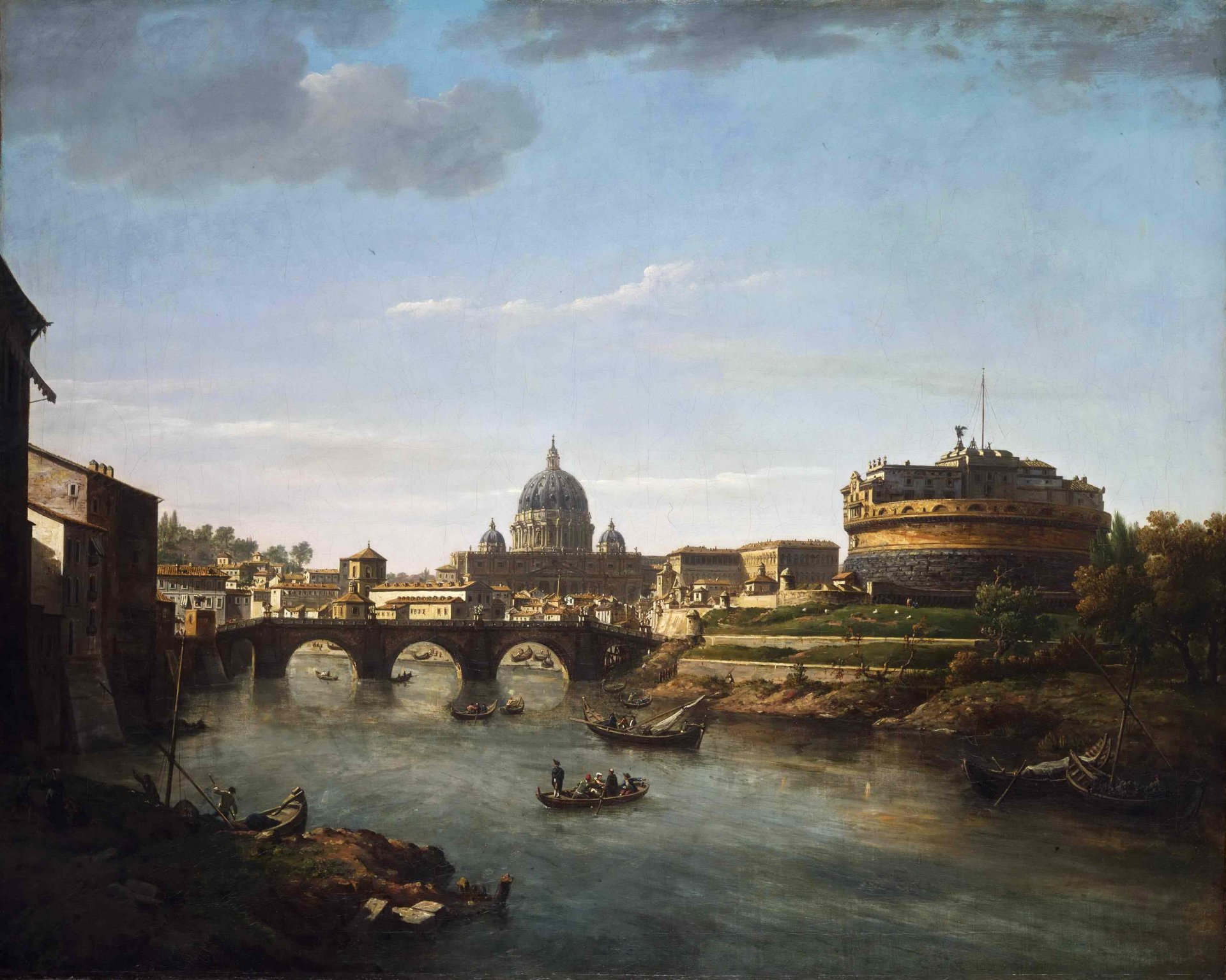 william marlowe pittura roma ponte cattedrale torre cupola barca persone fiume tevere cielo nuvole