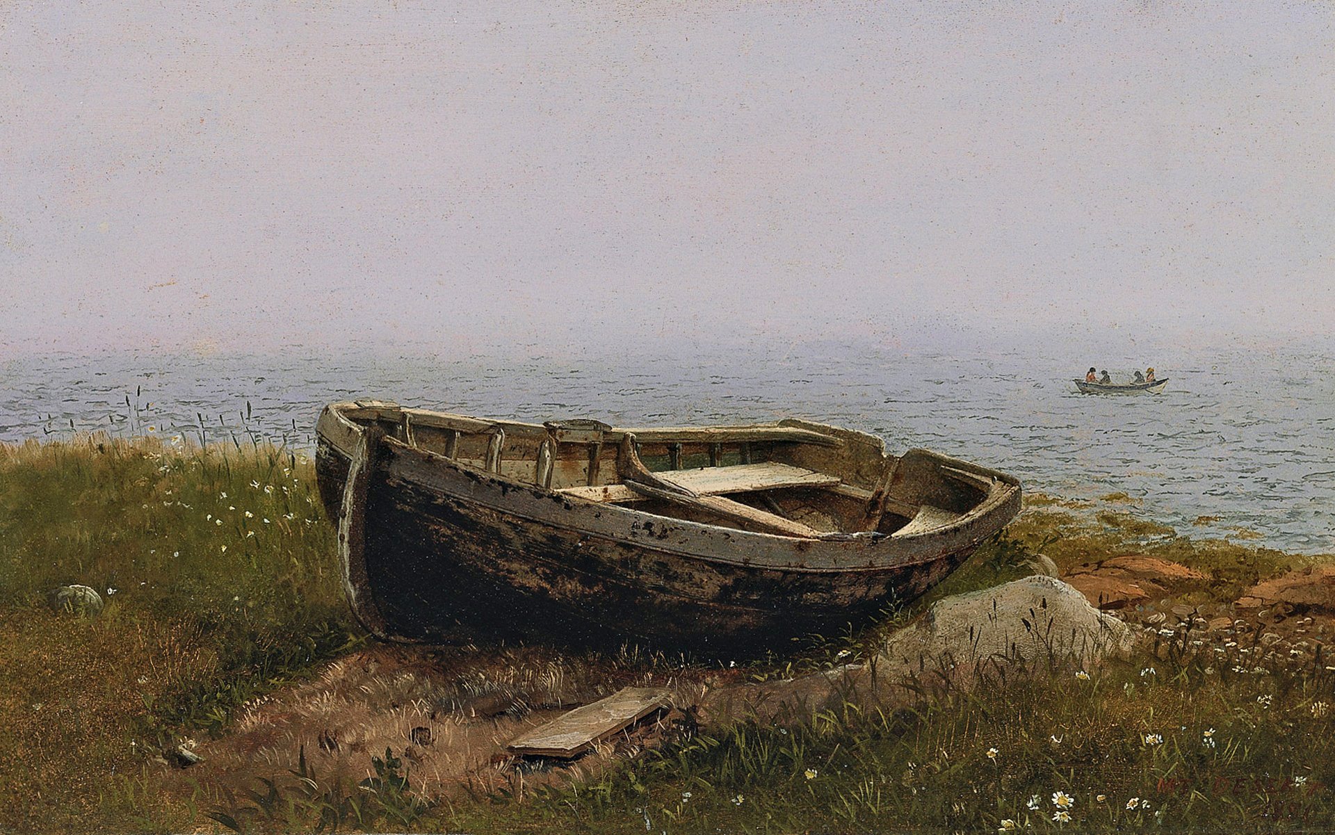 frederick edwin church pintura costa barco piedras mar niños paisaje