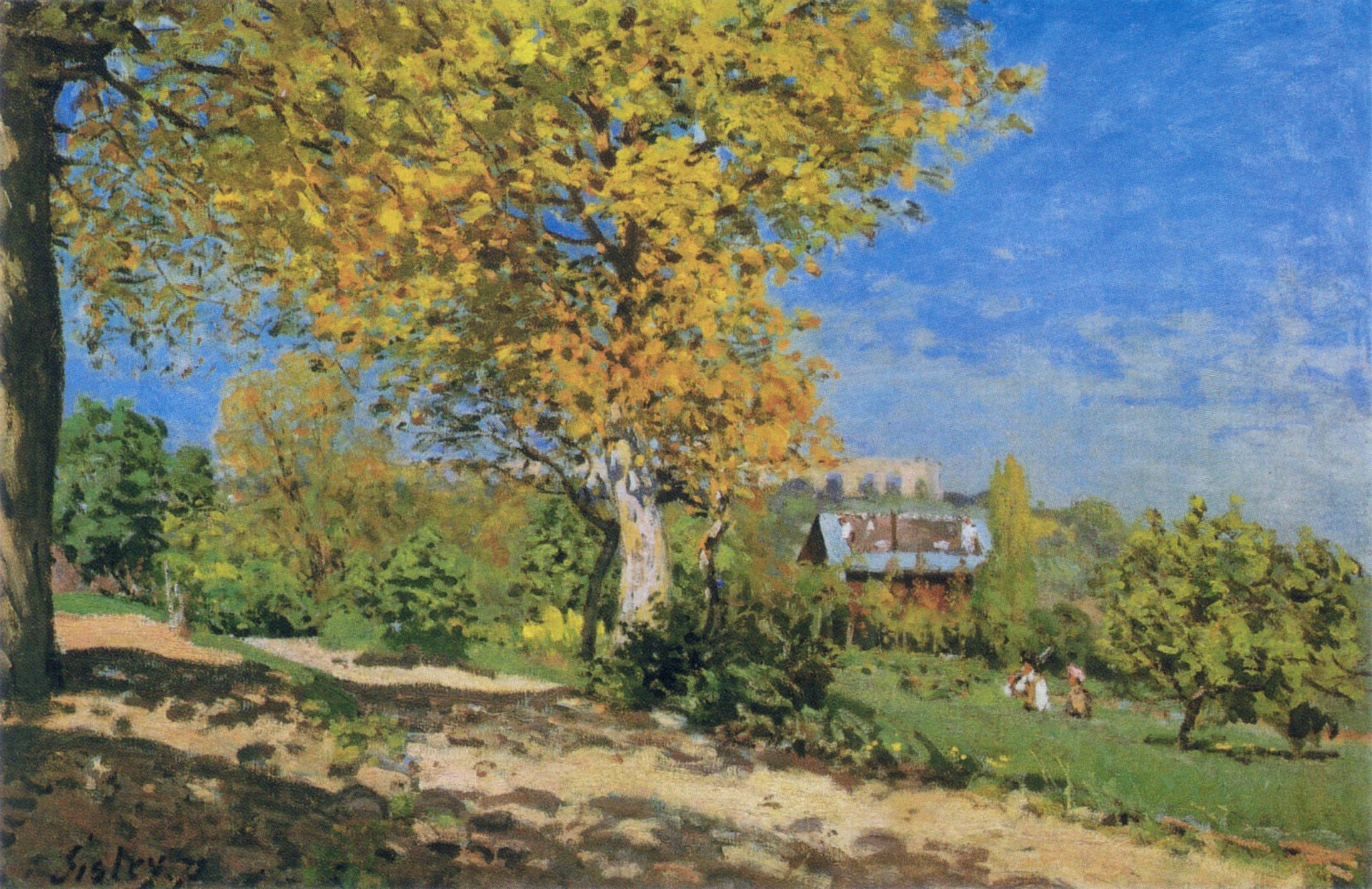 alfred sisley estate paesaggio giardino albero cielo nuvole pittura