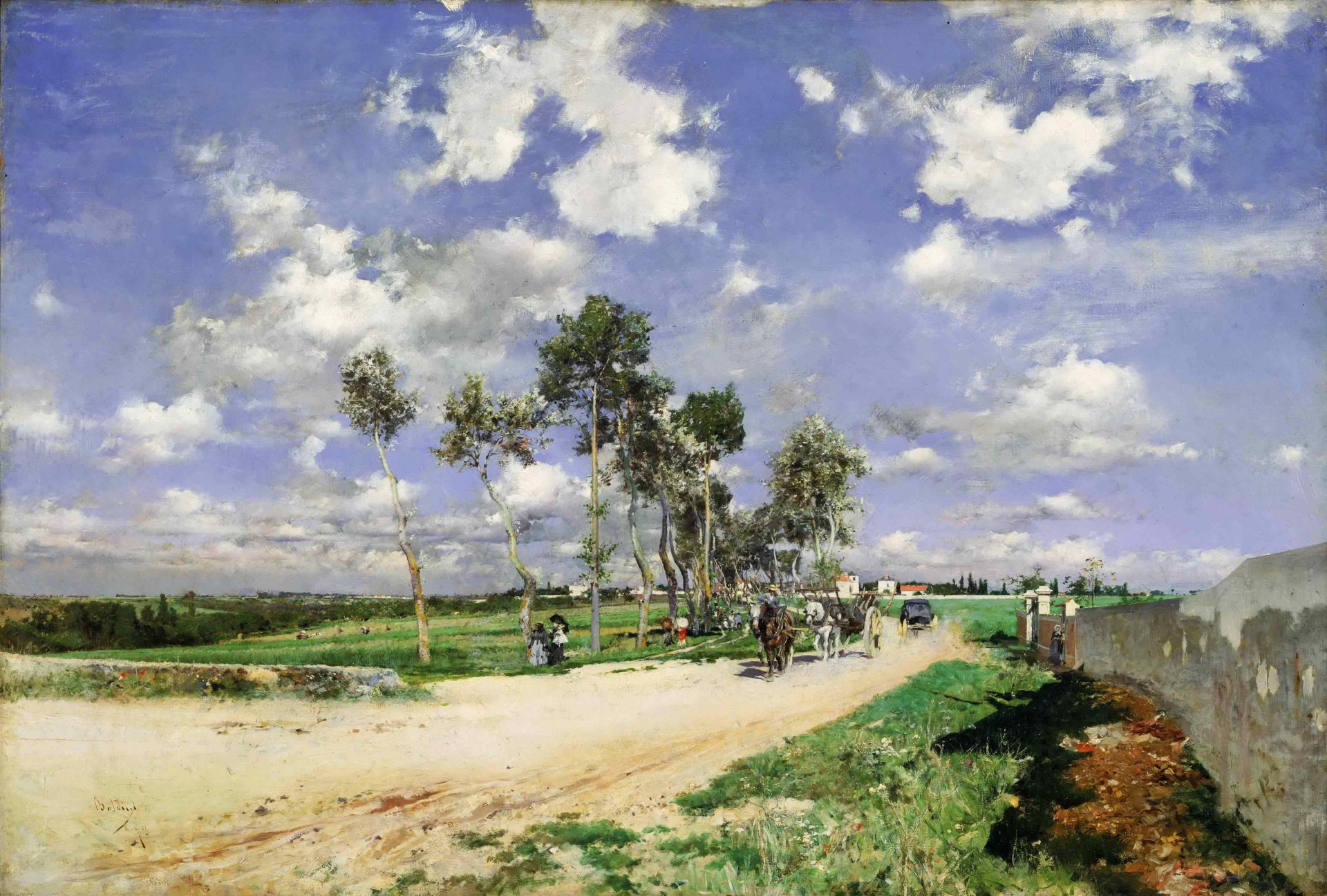 giovanni baldini bild landschaft himmel wolken wagen pferd menschen straße bäume gras wald horizont