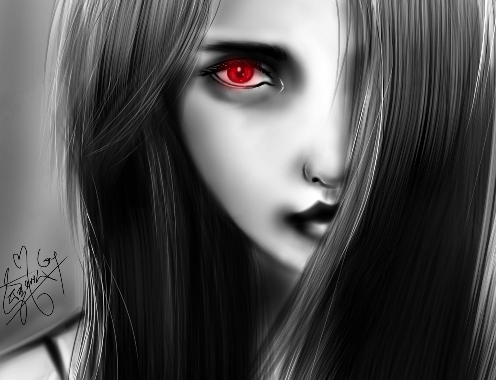 picture girl face hair red eye monochrome black and white