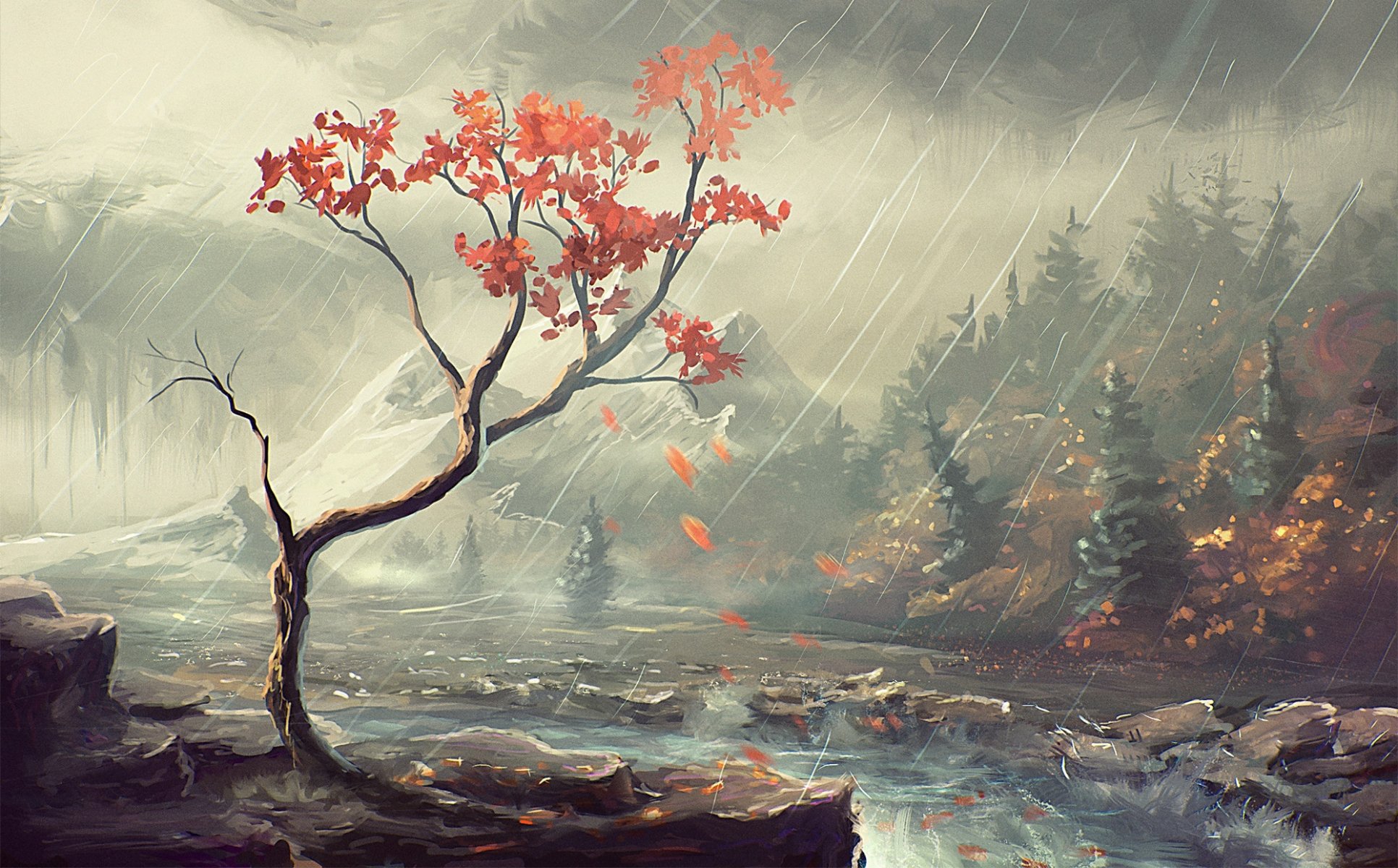 autumn rain art forest river beach tree