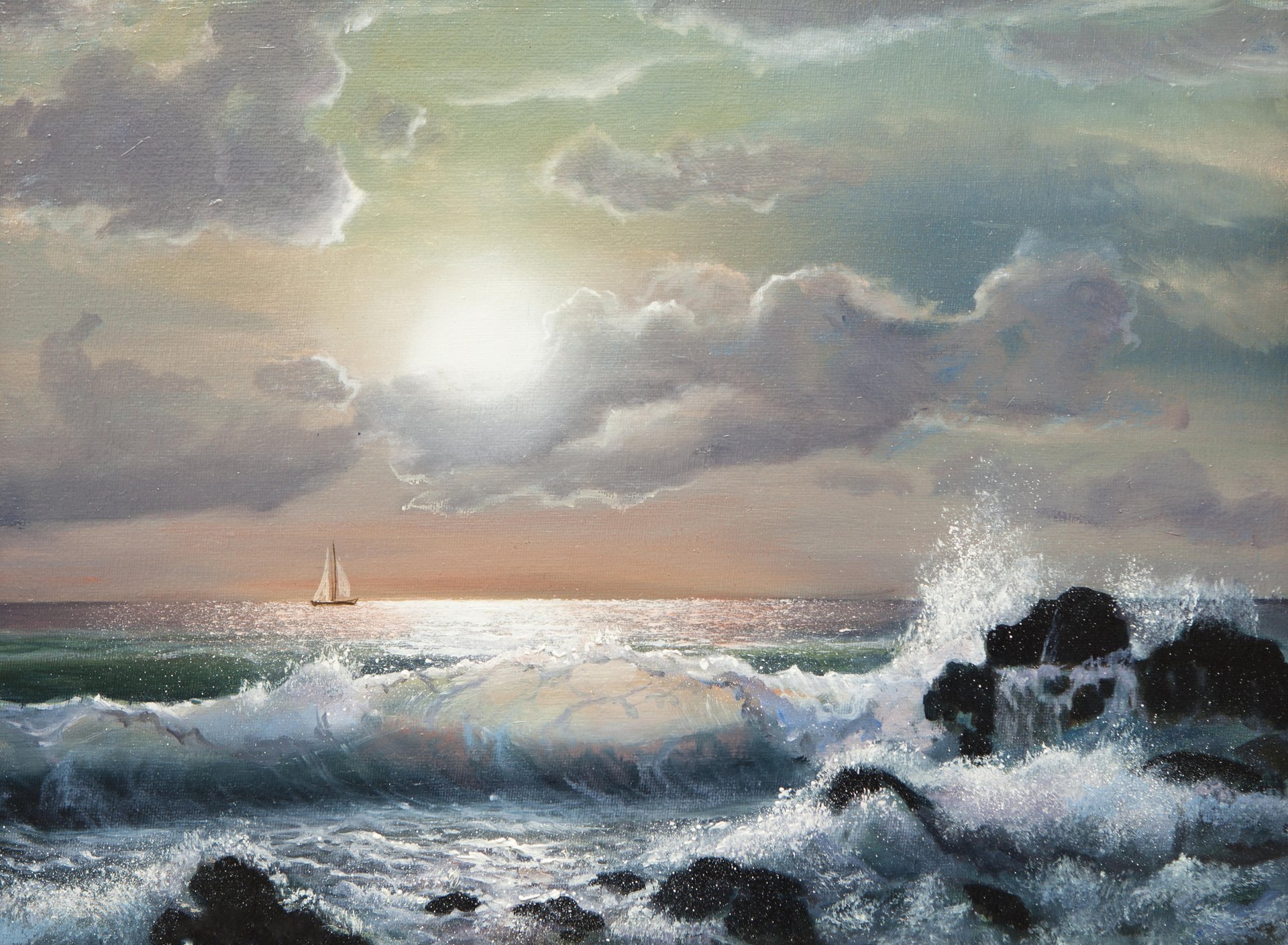 painting sea. wave ship horizon sky cloud