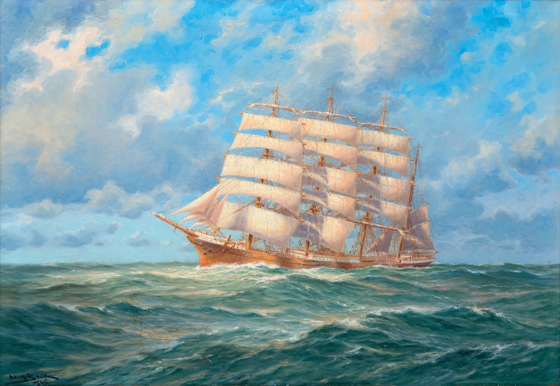 mer. vagues navire voilier horizon ciel nuages peinture huile sur toile. artiste adolf konrad walter bock