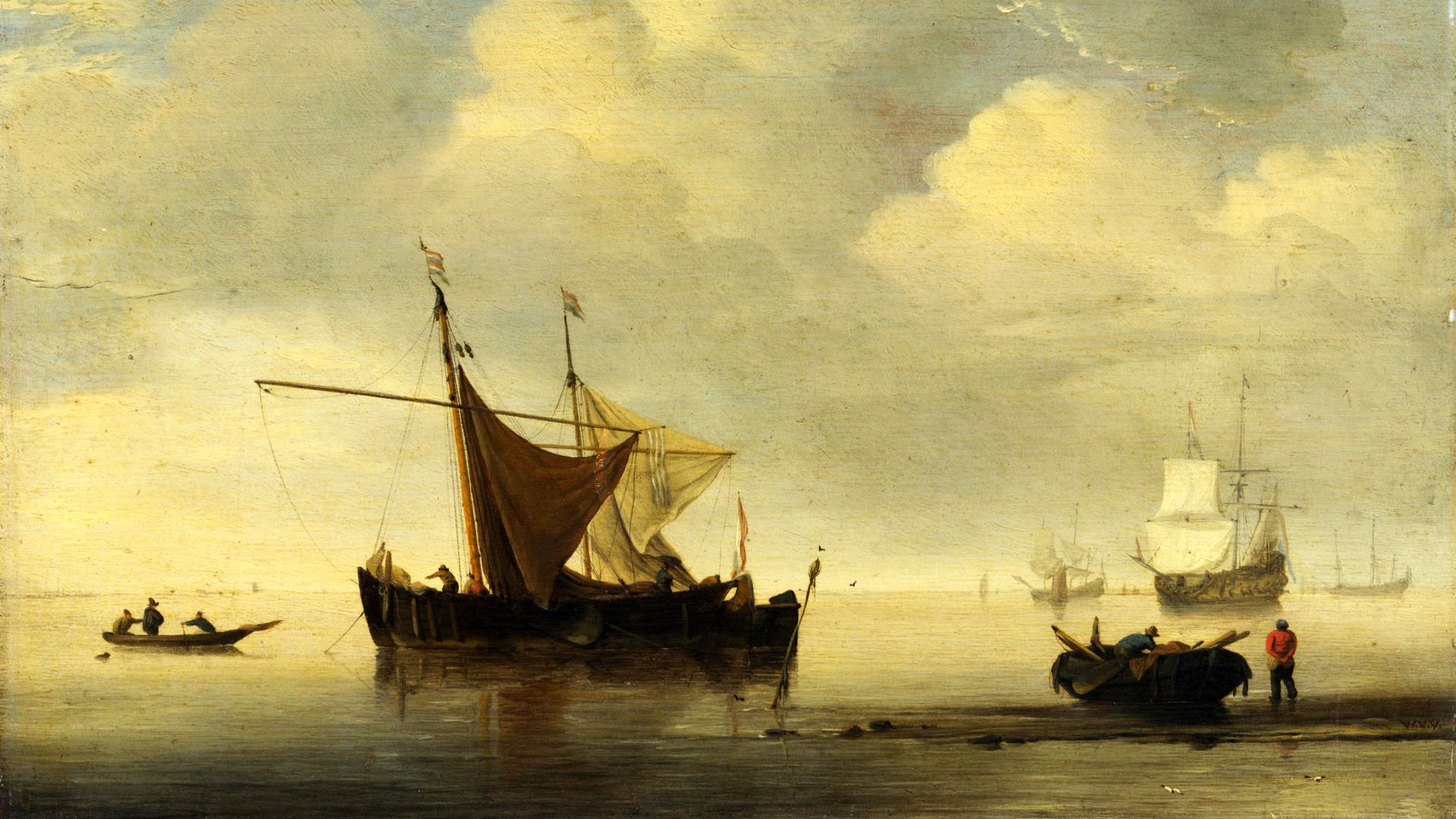 peinture paysage ciel mer navire voilier bateau voile pêcheurs