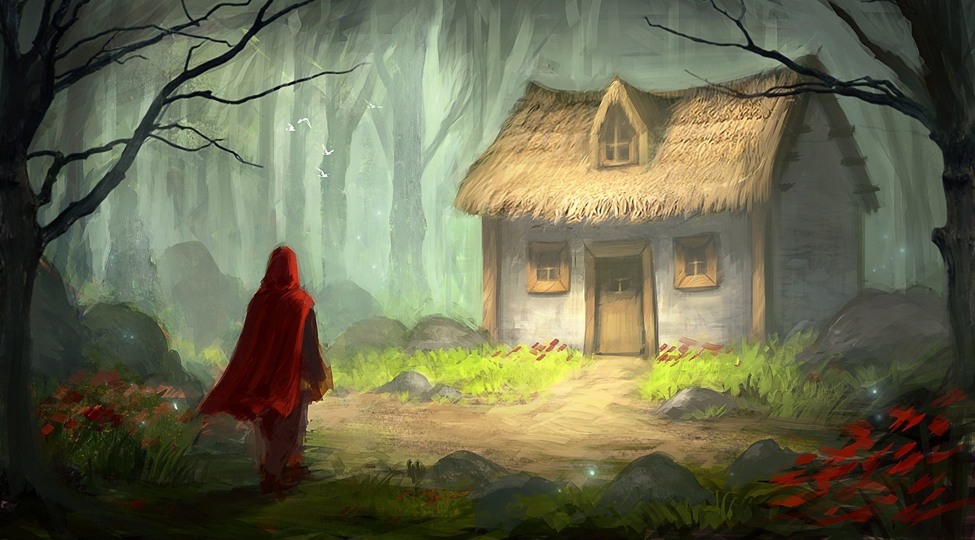 art forêt maison petit chaperon rouge conte de fées manteau oiseaux