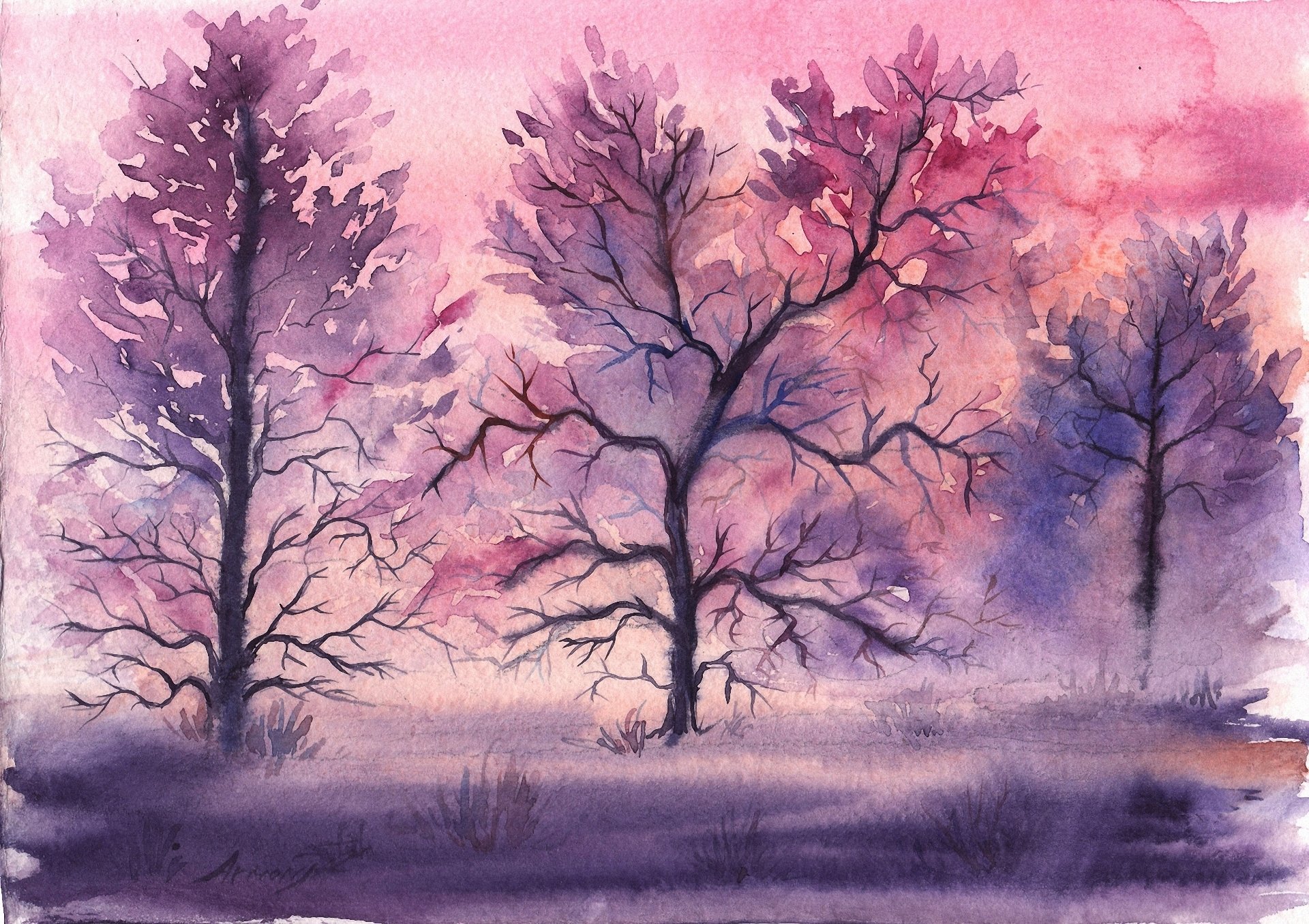 paysage peint aquarelle arbres herbe