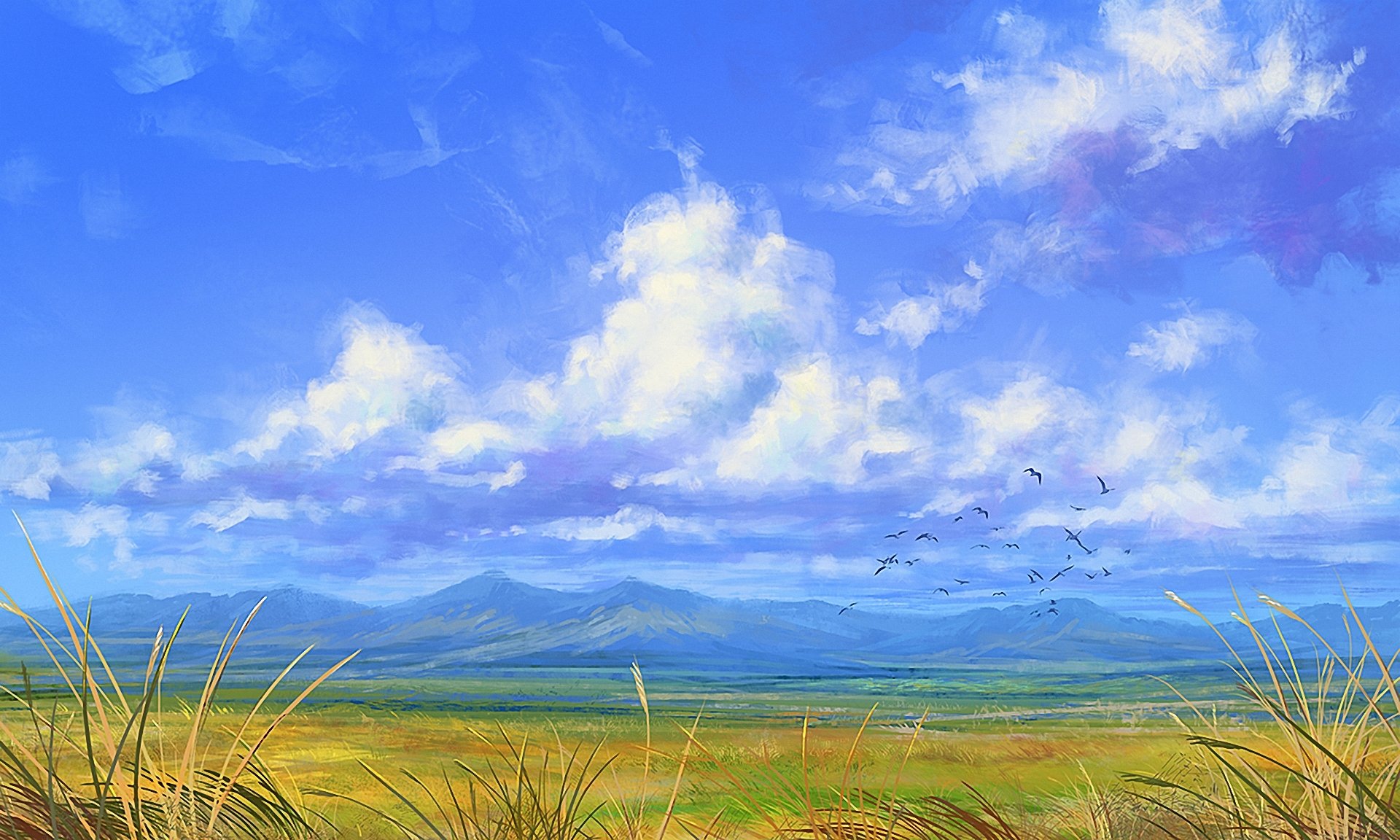 art paysage peint oiseaux montagnes nuages vent