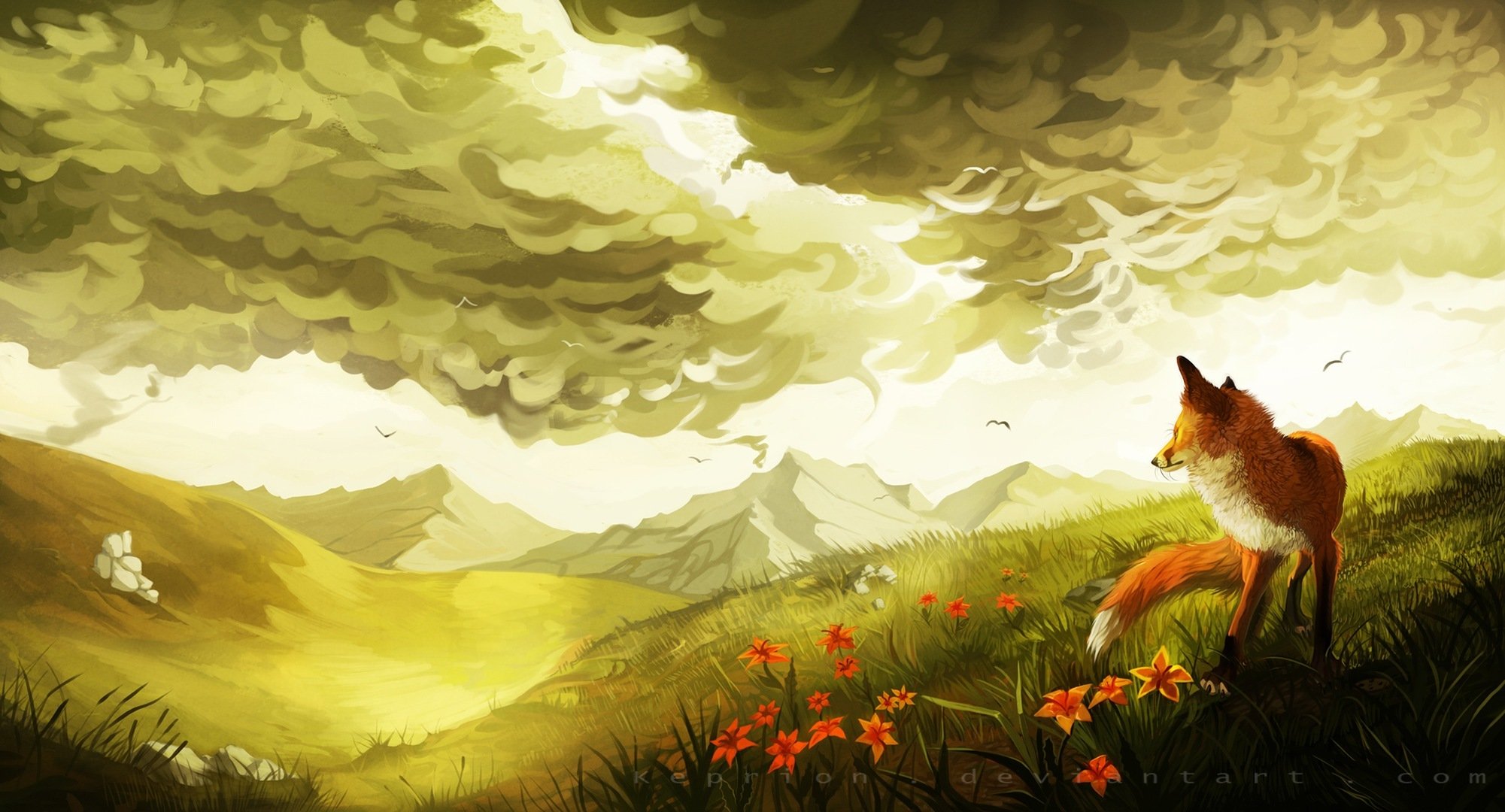 art painted landscape fox green hills flower birds cloud