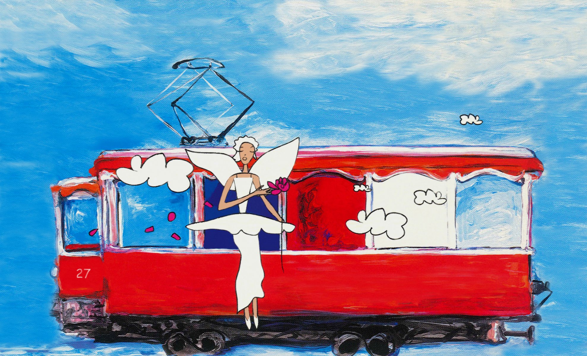 arte pittura immagine estate armonia tram che desiderano bianco ali di angelo fiore cielo blu pennellate matite acquerello