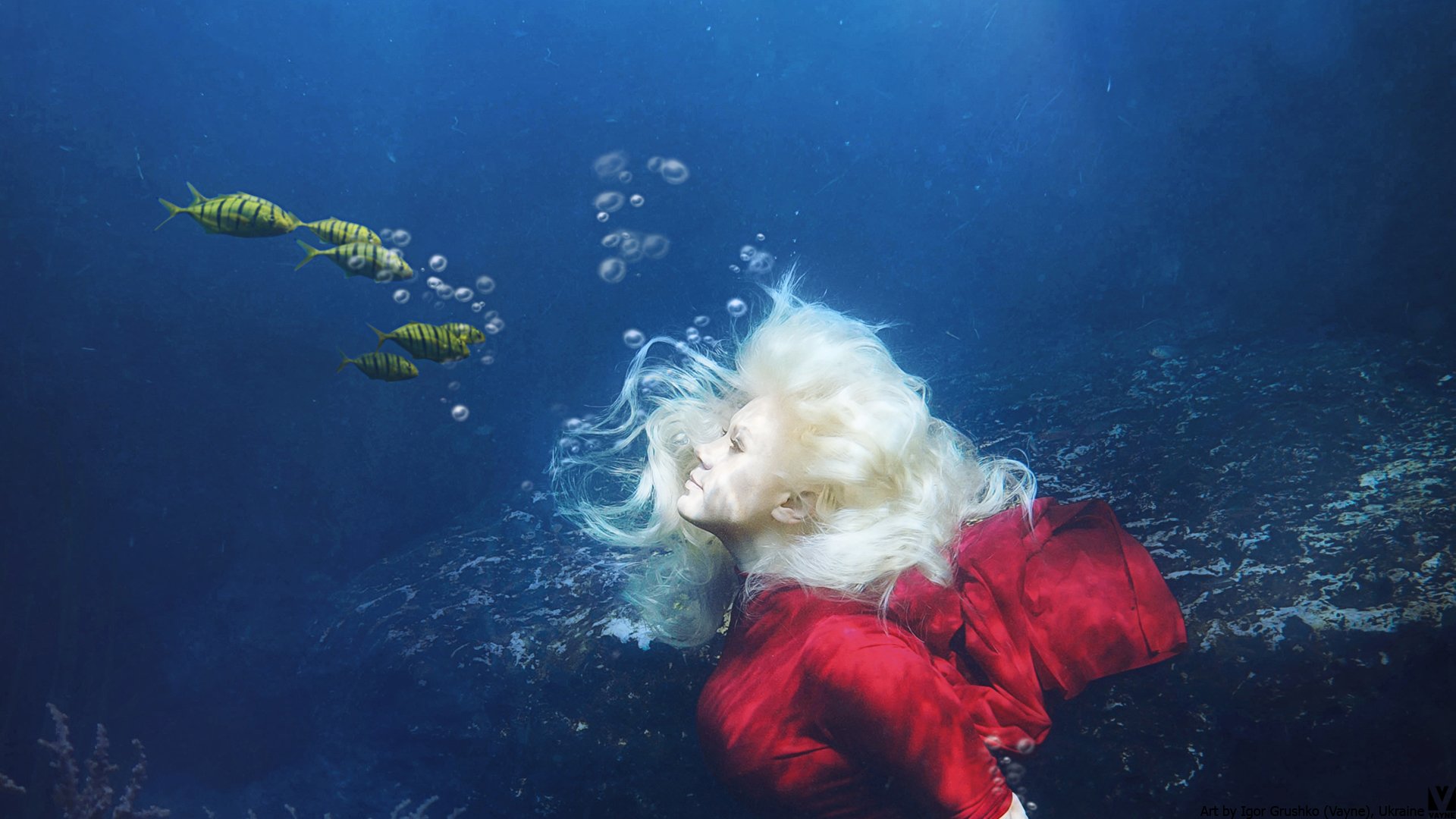 girl water under water sea fish photoart