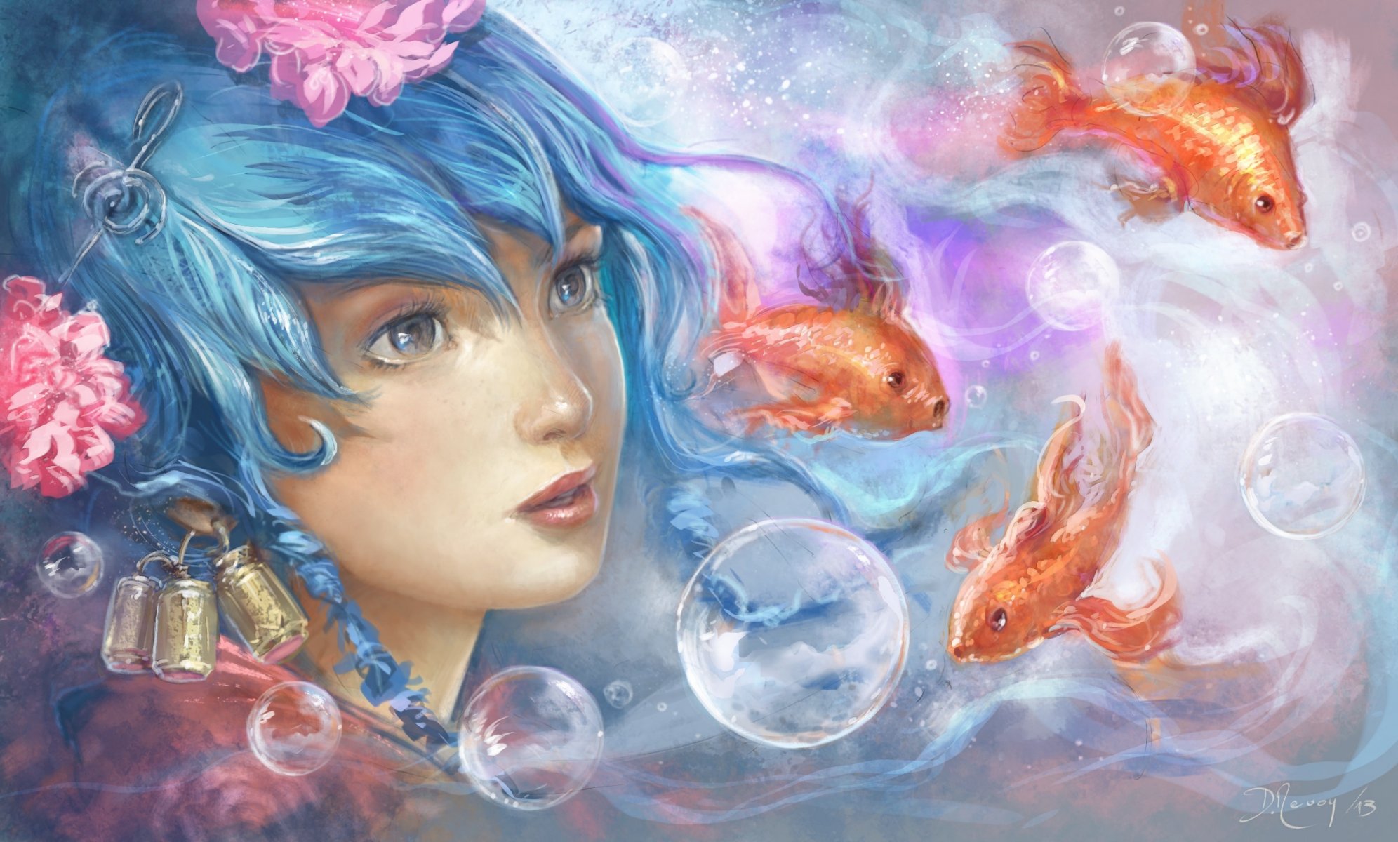 painting art girl view eyes blue hair water bubbles fish