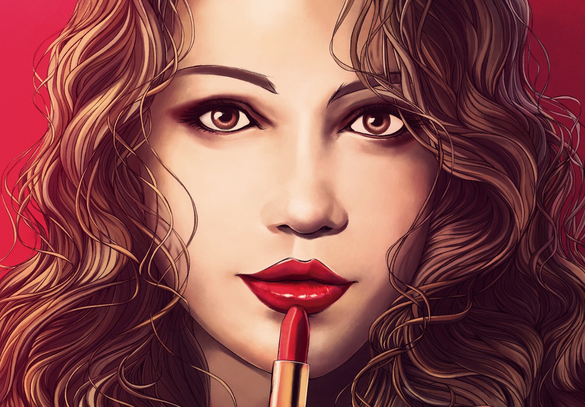 painting art girl view face red lips lipstick hair