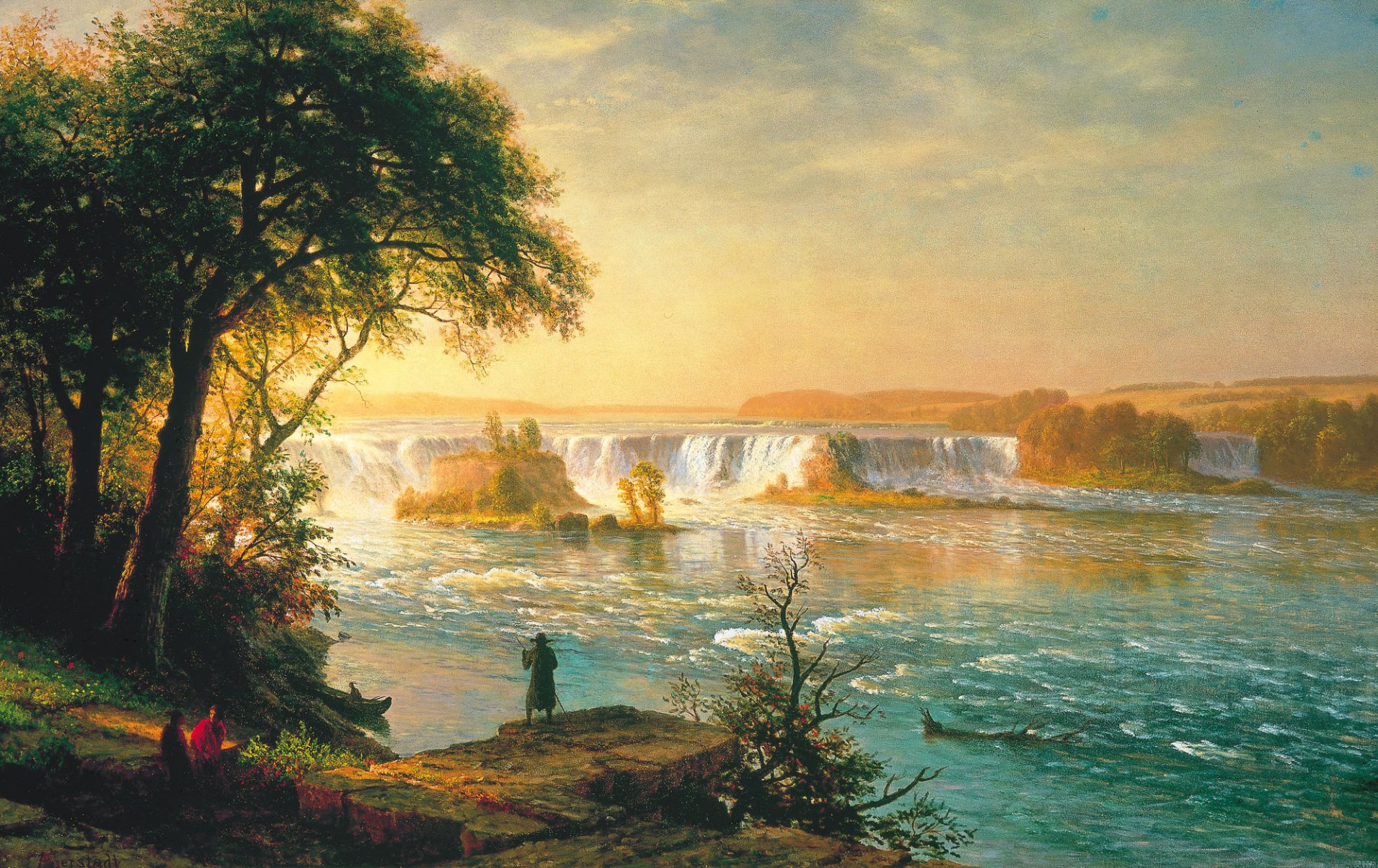 albert bierstad pittura paesaggio cielo nuvole fiume rapide cascata alberi persone barca