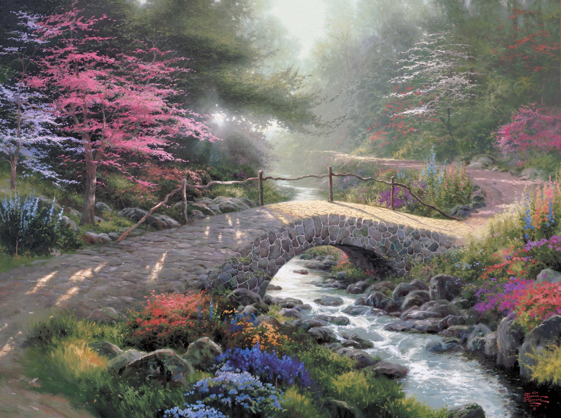 brücke des faith thomas kincaid malerei kincaid brücke sonnenlicht licht wald park bach natur