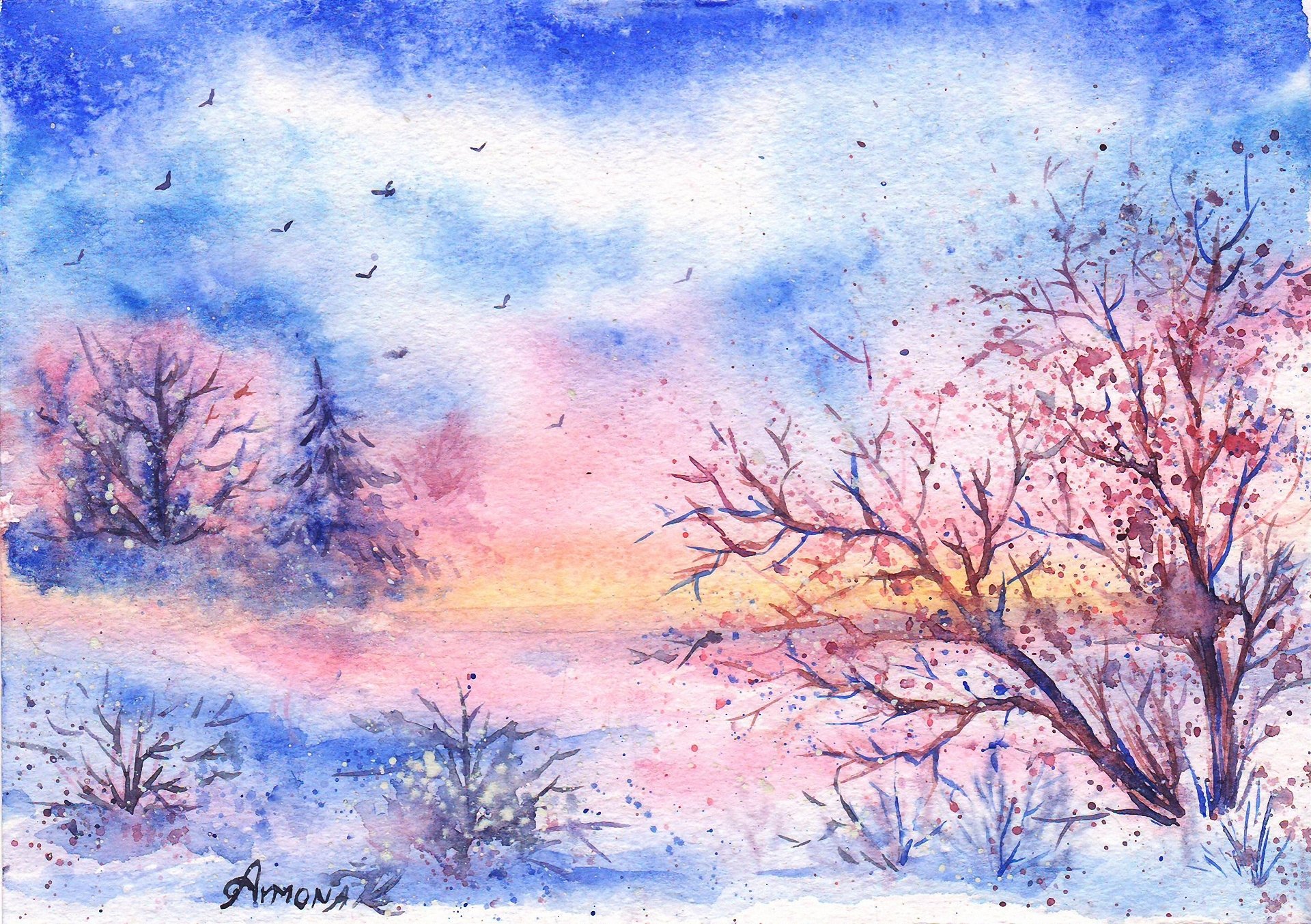 gezeichnete landschaft aquarell winter schnee vögel bäume