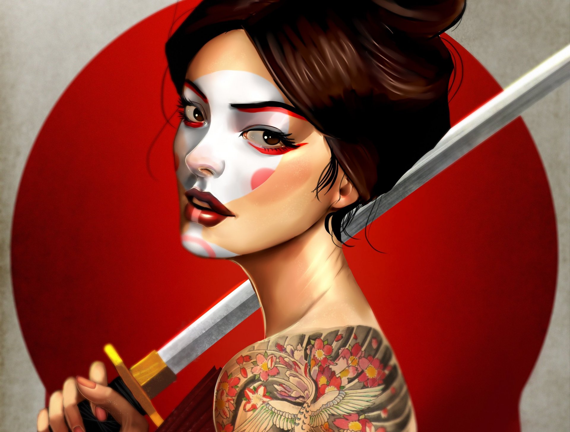 art fille. visage regard cheveux arme main corps dos tatouage