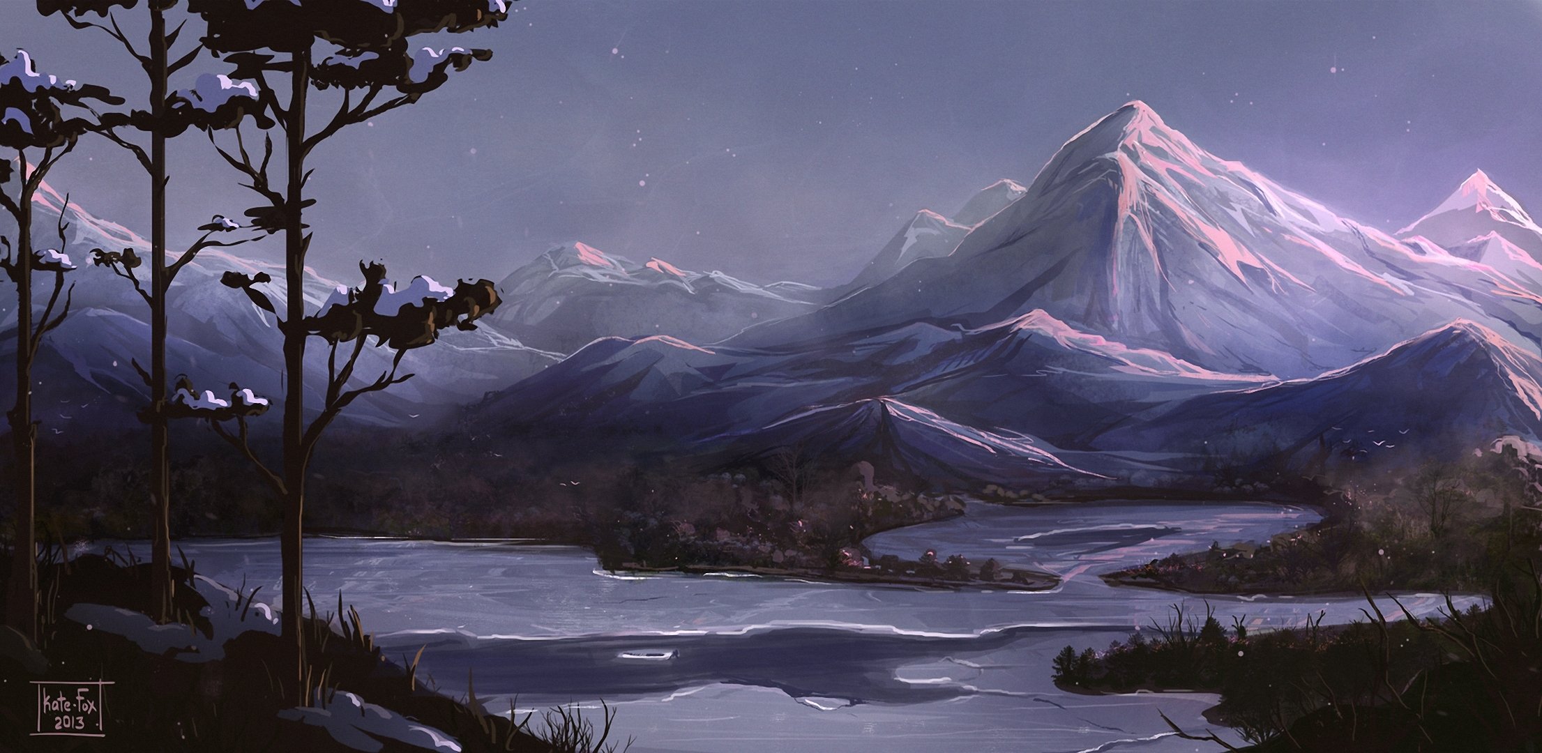 arte paisaje pintado noche río montañas árboles