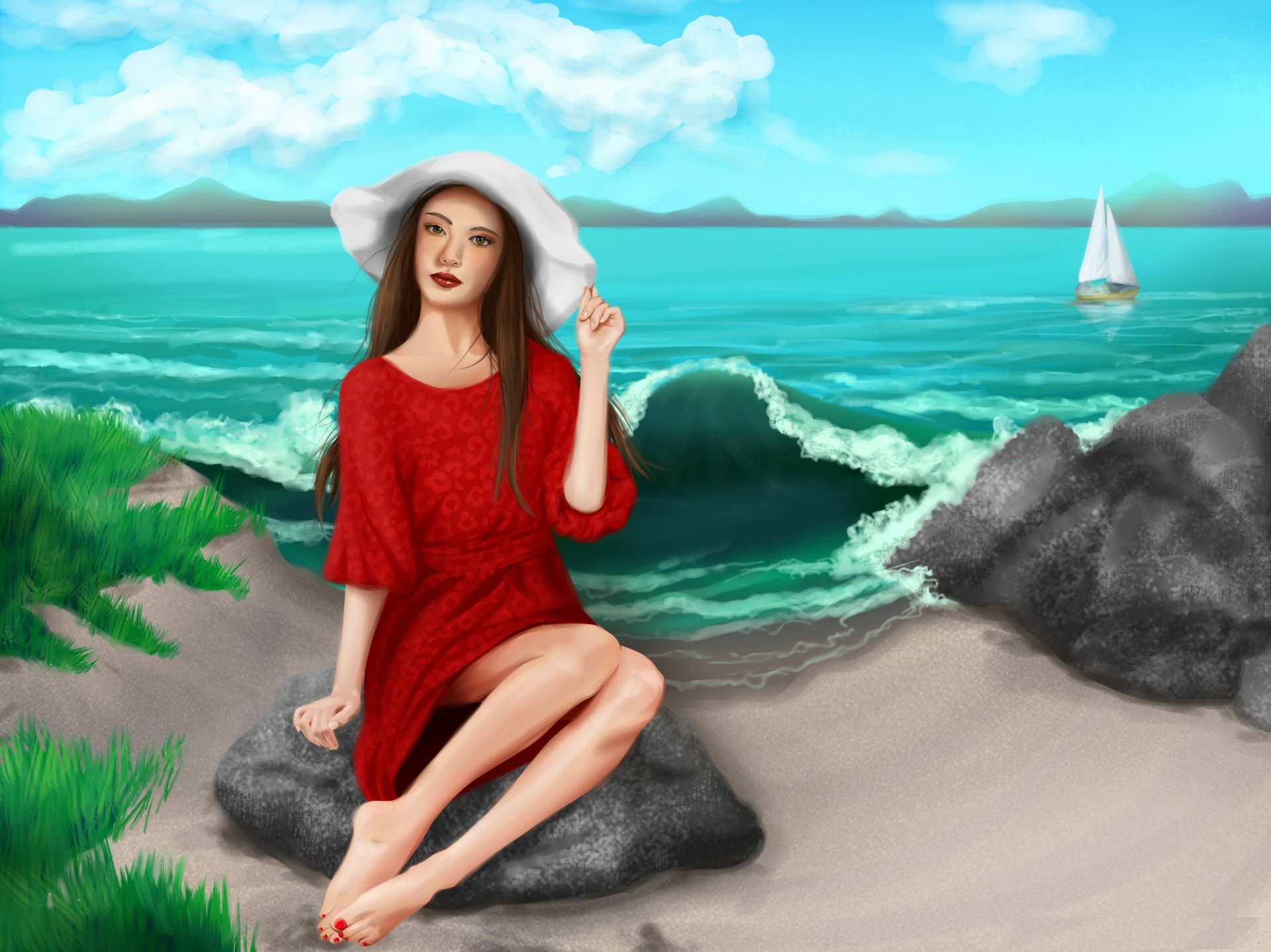 pittura arte ragazza sguardo cappello vestito rosso gambe sabbia mare cielo nuvole