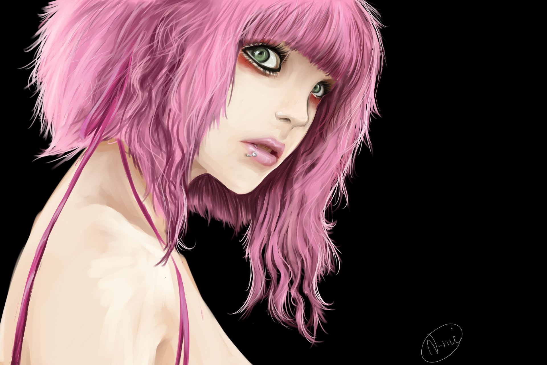 art girl pink hair piercing dark background