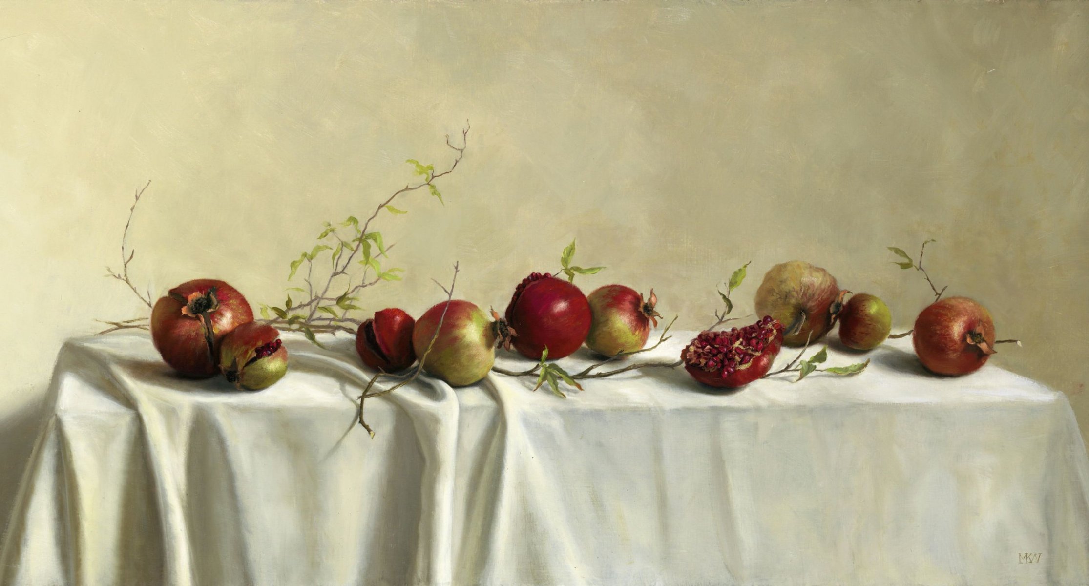 pintura naturaleza muerta arte mary kay west mesa mantel fruta granadas ramas hojas