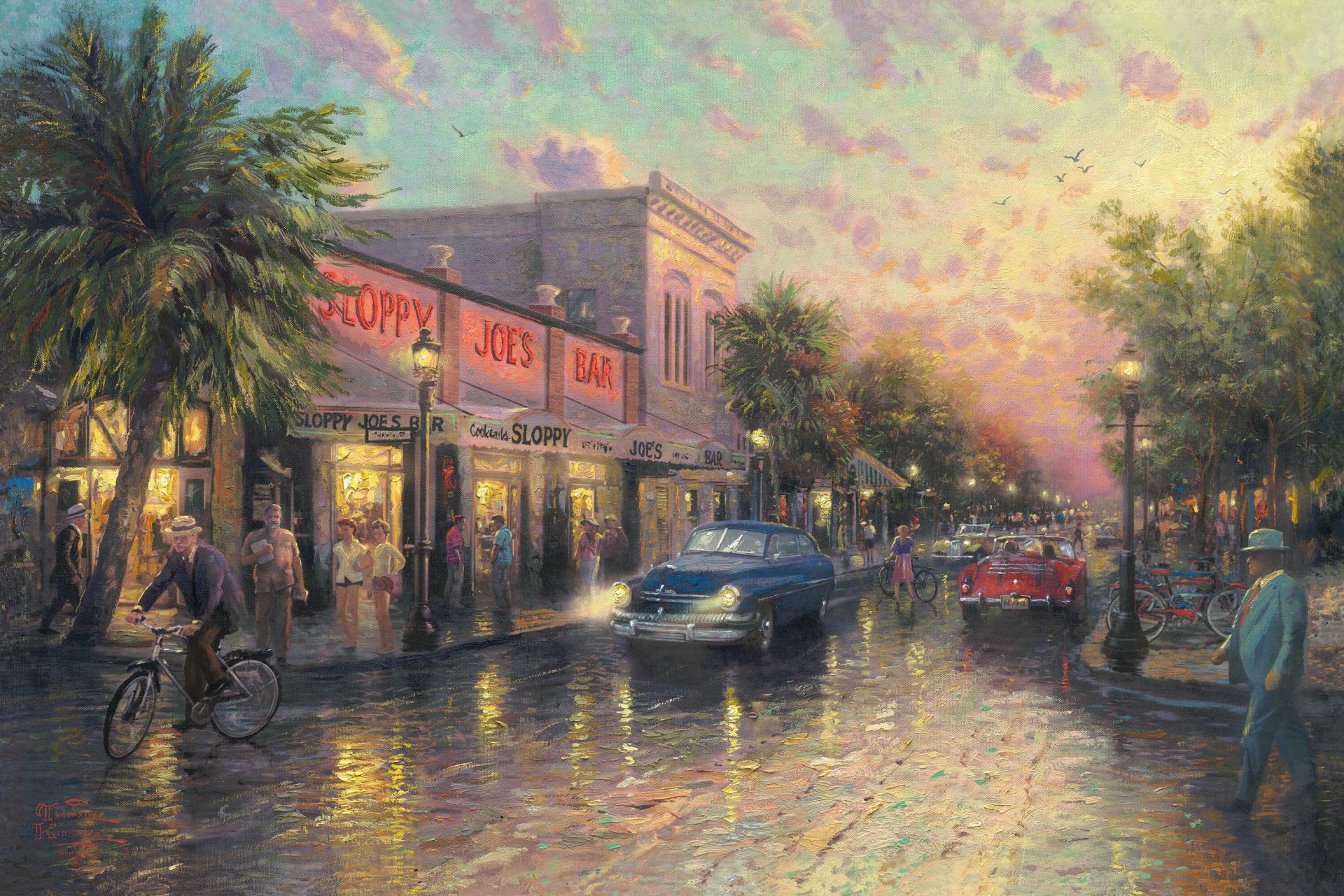 key west thomas kincaid pittura kincaid florida usa ernest hemingway disattenzione joes bar città bar strada palme sera lanterne luogo storico attrazione turistica