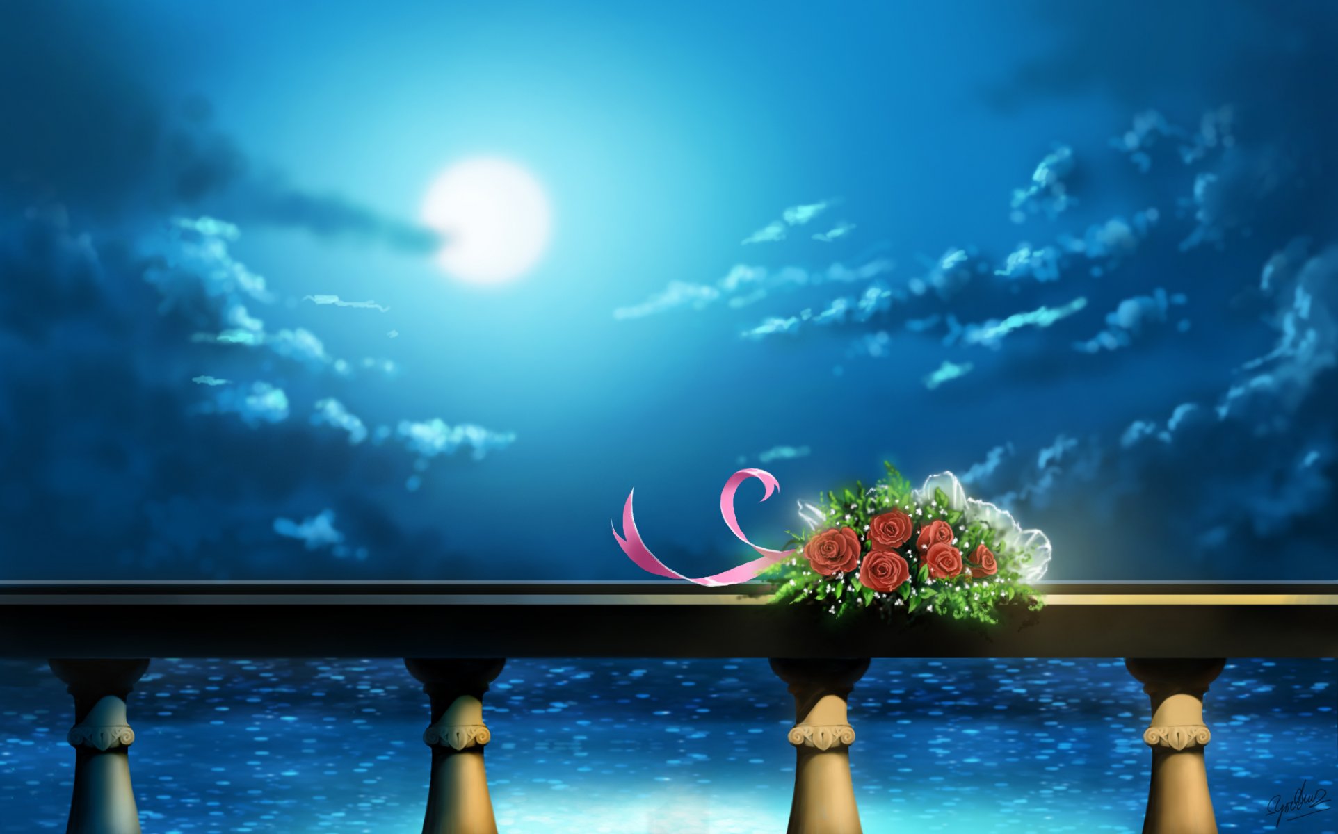 art rails bouquet flower night moon sea cloud