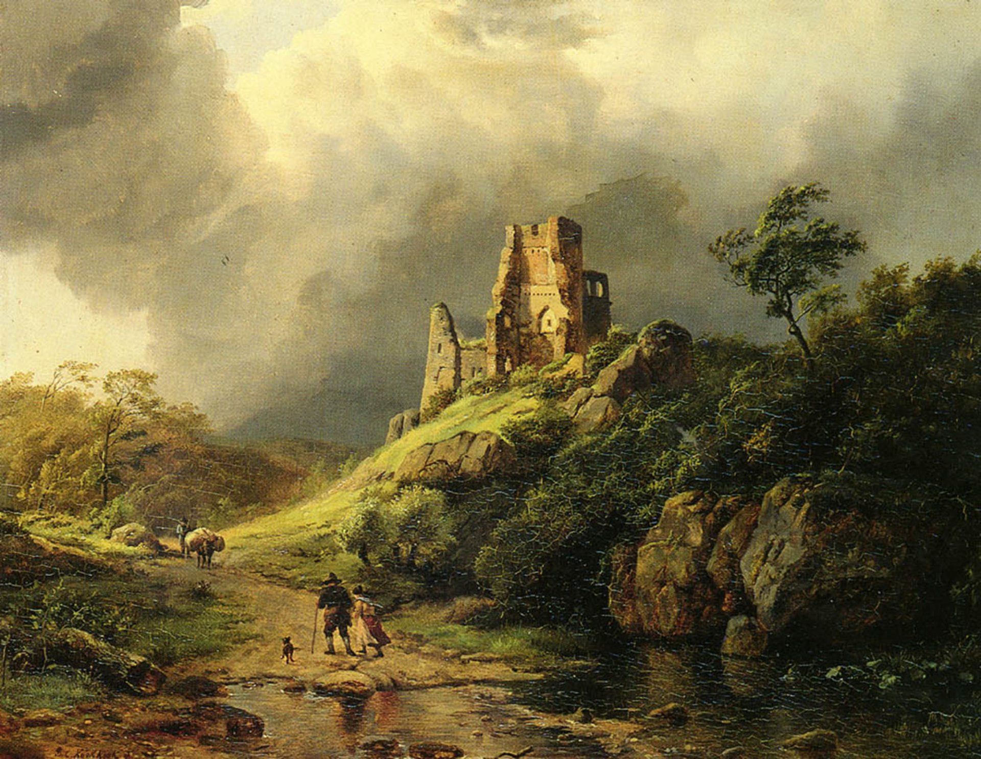 kukkuk barend cornelis pintura tormenta viajeros ruinas arroyo rocas piedras nubes personas