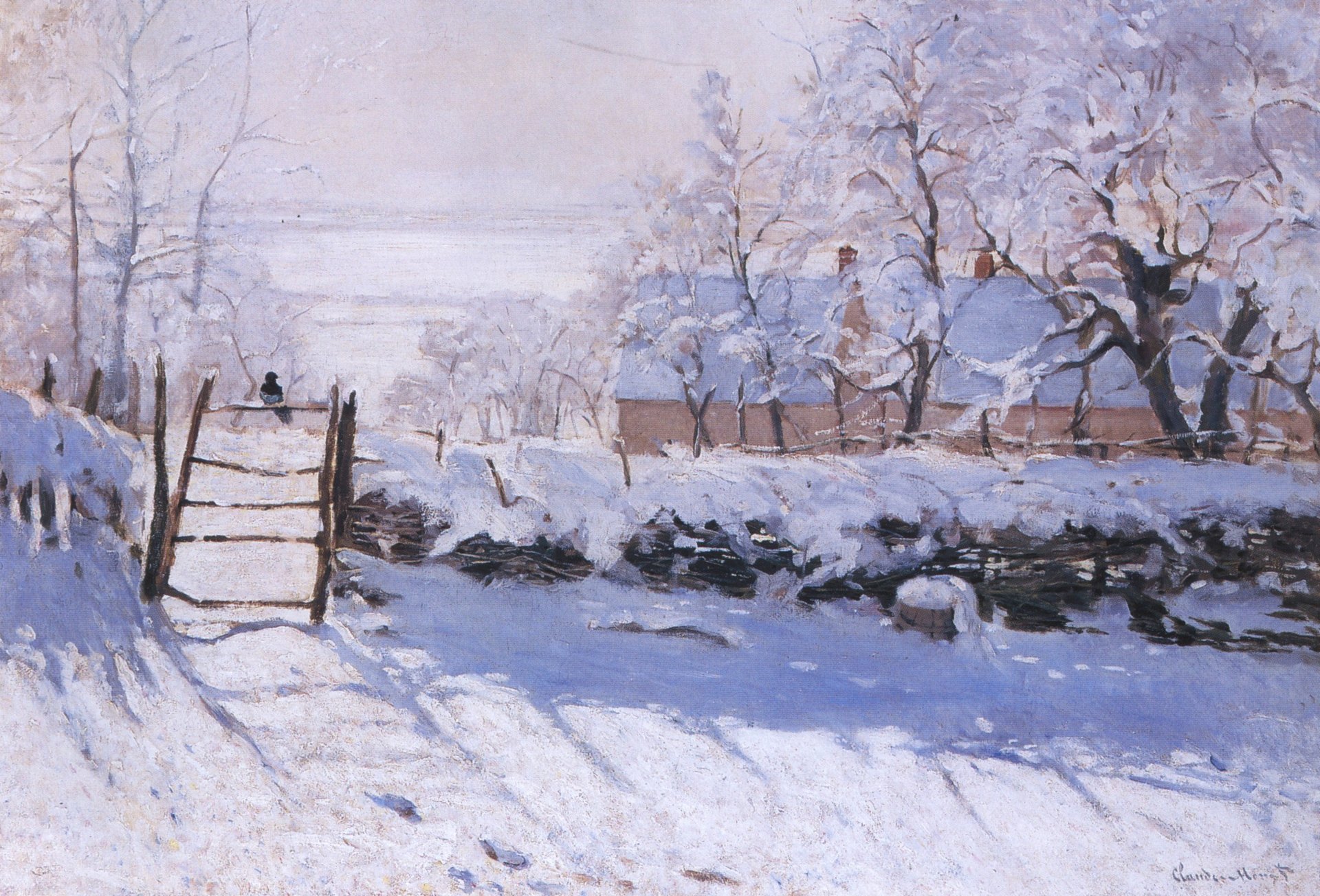 claude monet la tarte pie paysage peinture hiver neige oiseau