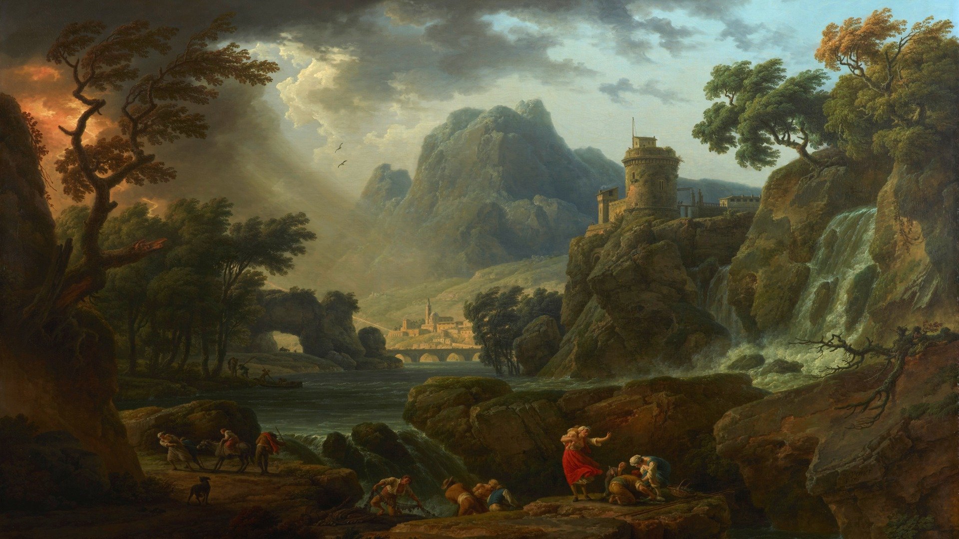 painting landscape mountain rock settlement town river waterfall people approaching storm